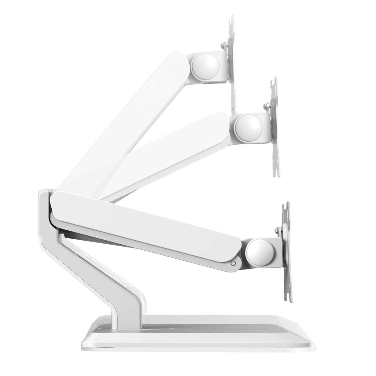 Supporto per monitor bianco con tre bracci, ciascuno con un display. Sfondo bianco.
