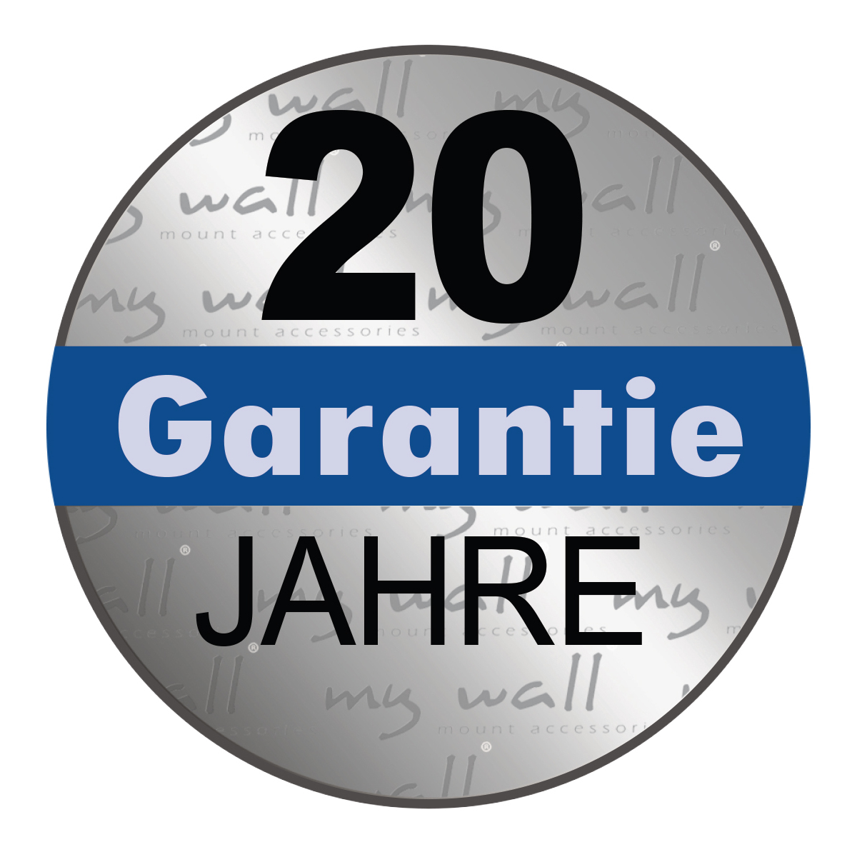 Ein silberner runder Aufnäher mit blauem Streifen, der Text lautet '20 Garantie Jahre'.