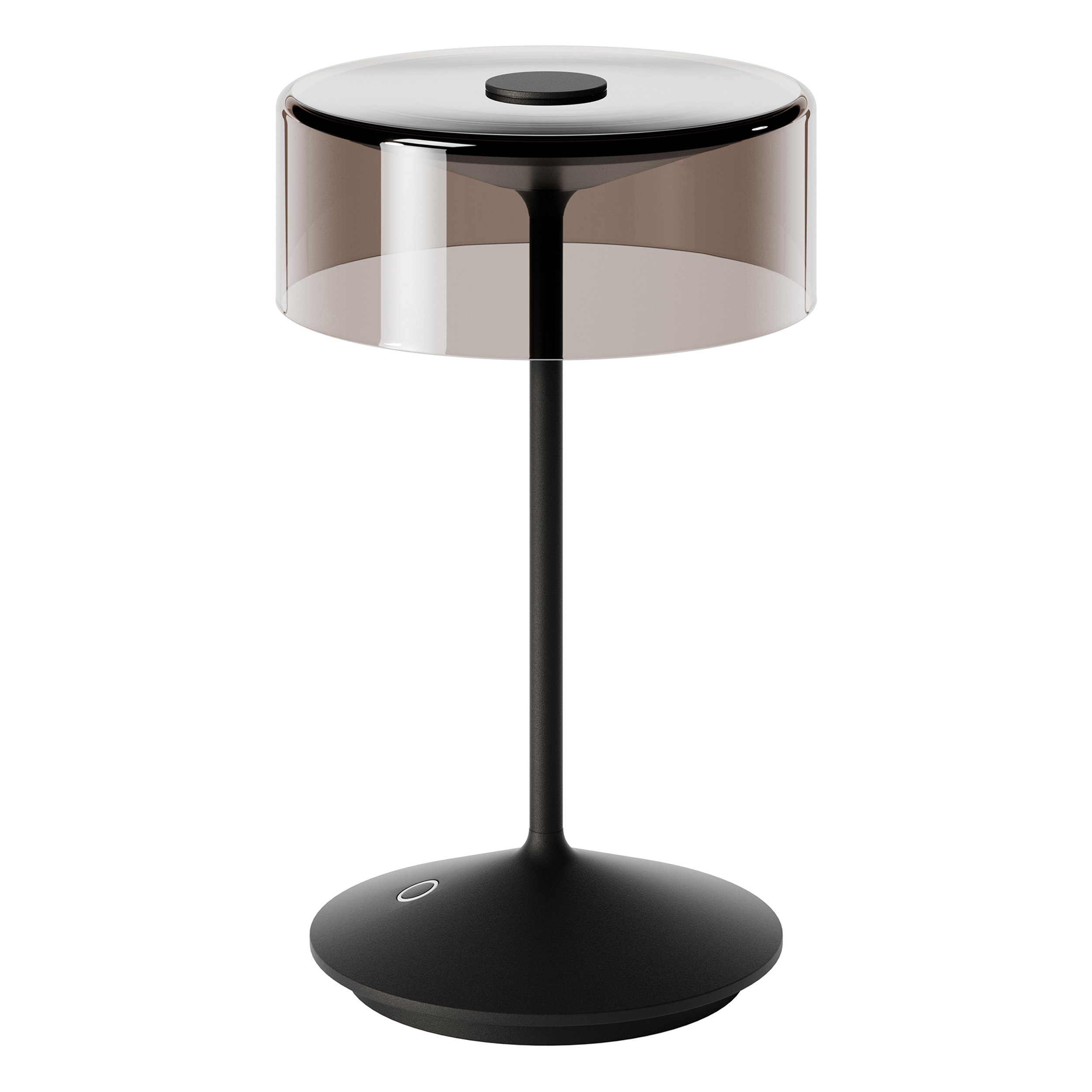 Schwarze Tischlampe mit transparentem Schirm auf weißem Hintergrund.