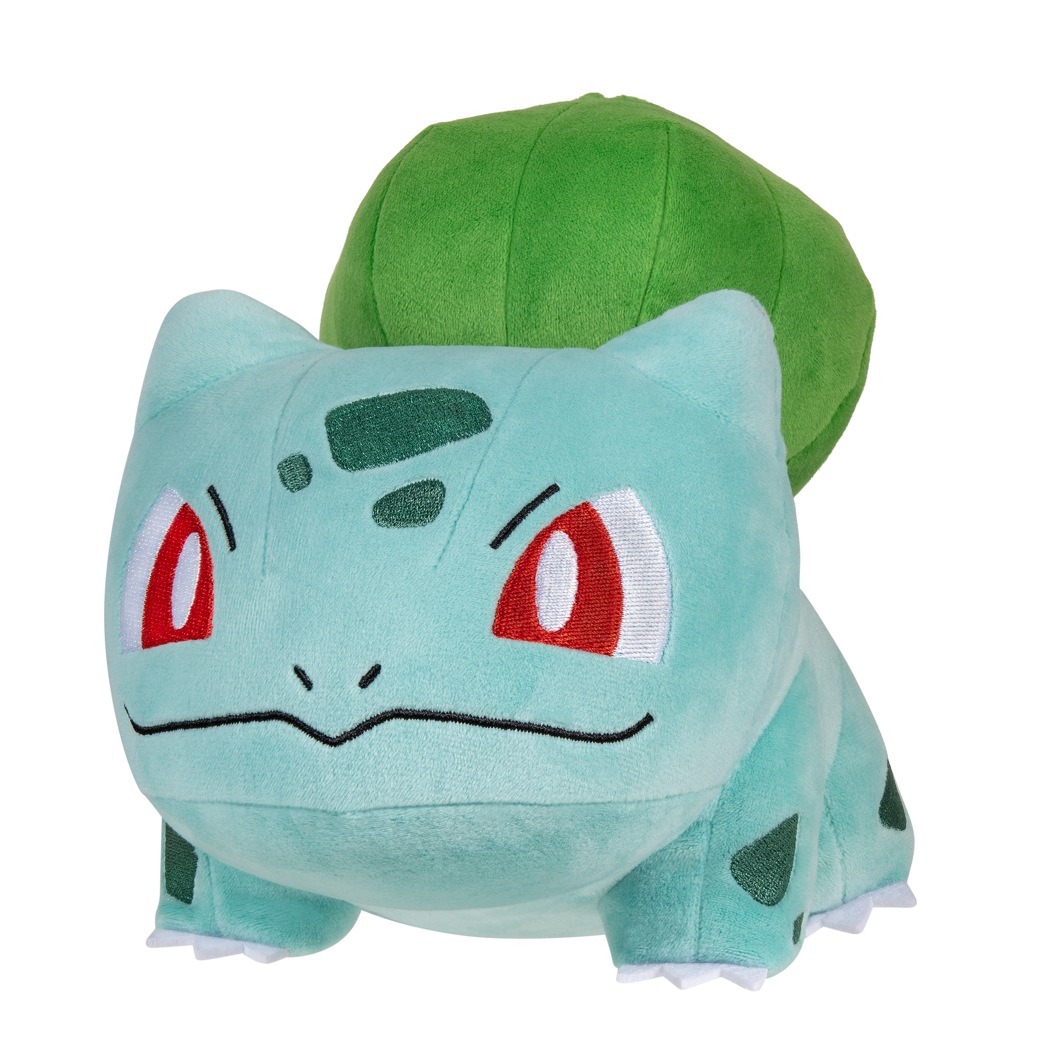 Peluche Bulbasaur, vert turquoise avec des yeux rouges et une grosse ampoule verte sur le dos.