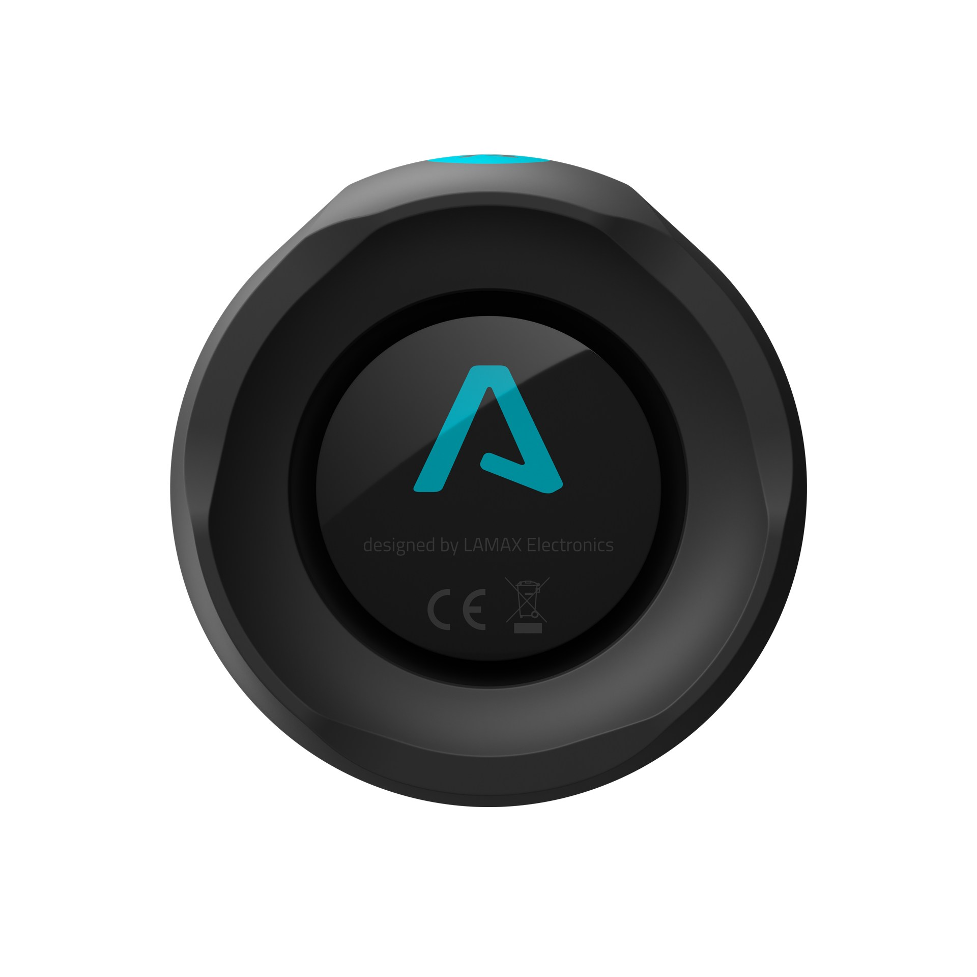 Czarny, okrągły gadżet z niebieskim światłem. Litera 'A' w jasnoniebieskim kolorze jest na gadżecie. Białe tło.