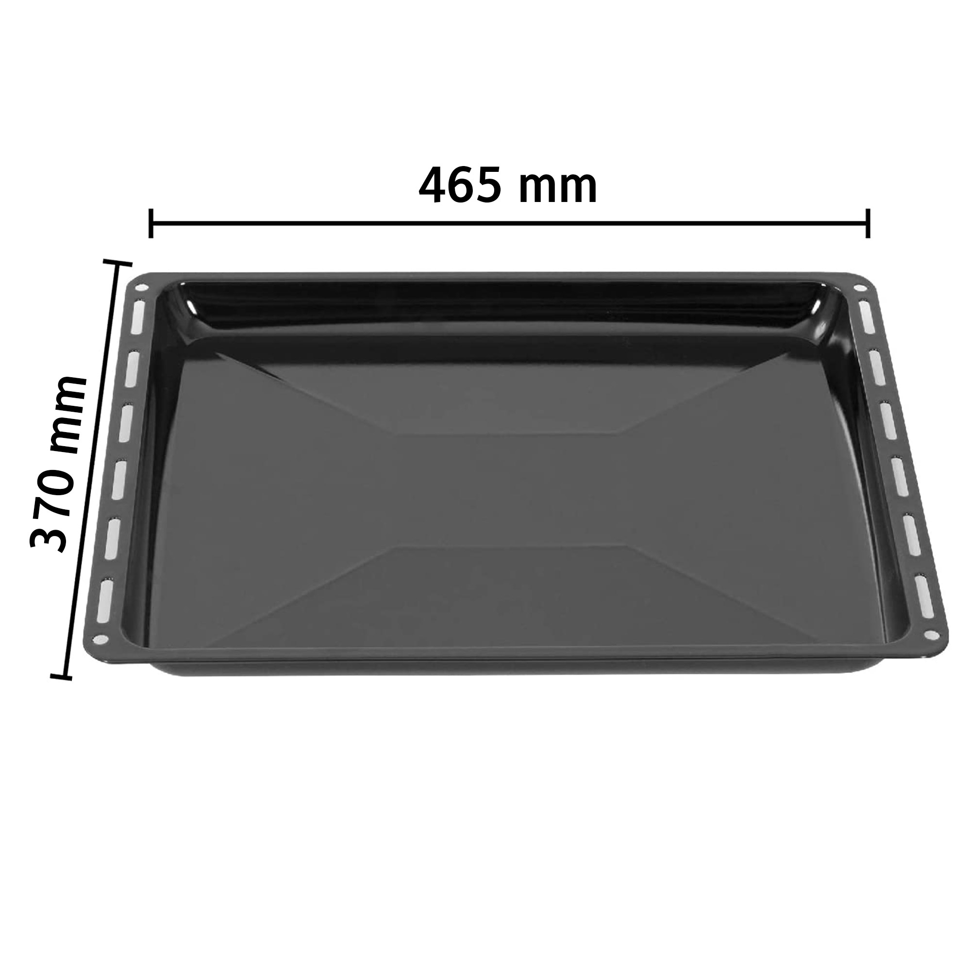 Schwarzes rechteckiges Backblech mit den Maßen: 465mm x 370mm. Es ist schwarz.