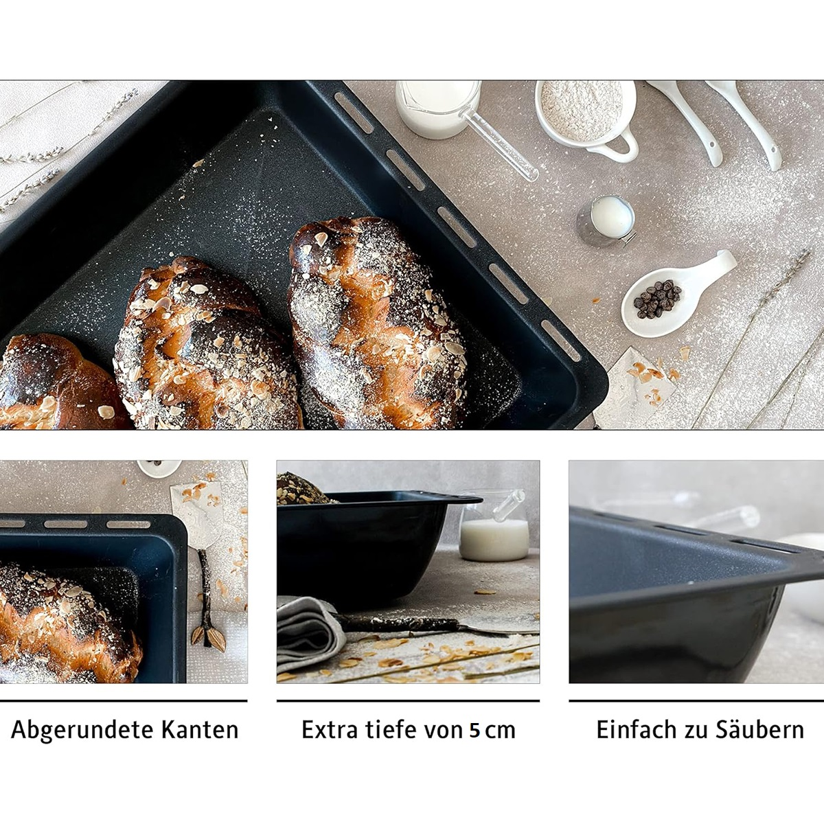 Backblech mit Backwaren, Zutaten im Hintergrund. Text: Abgerundete Kanten, 5cm tief, leicht zu reinigen.