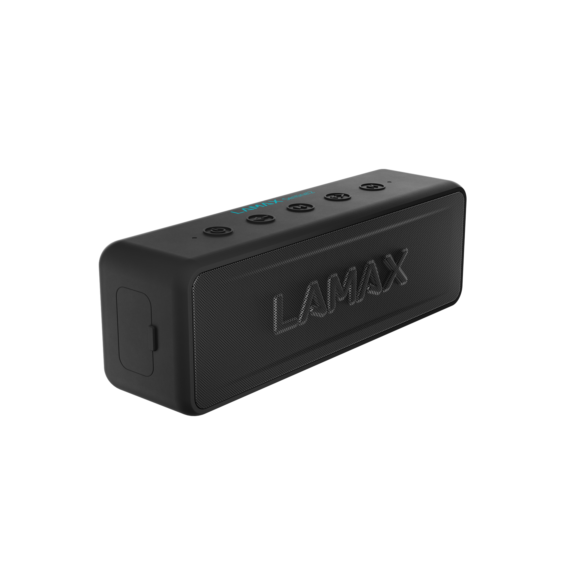 Altoparlante LAMAX rettangolare nero. L'altoparlante ha pulsanti e una copertura a rete.