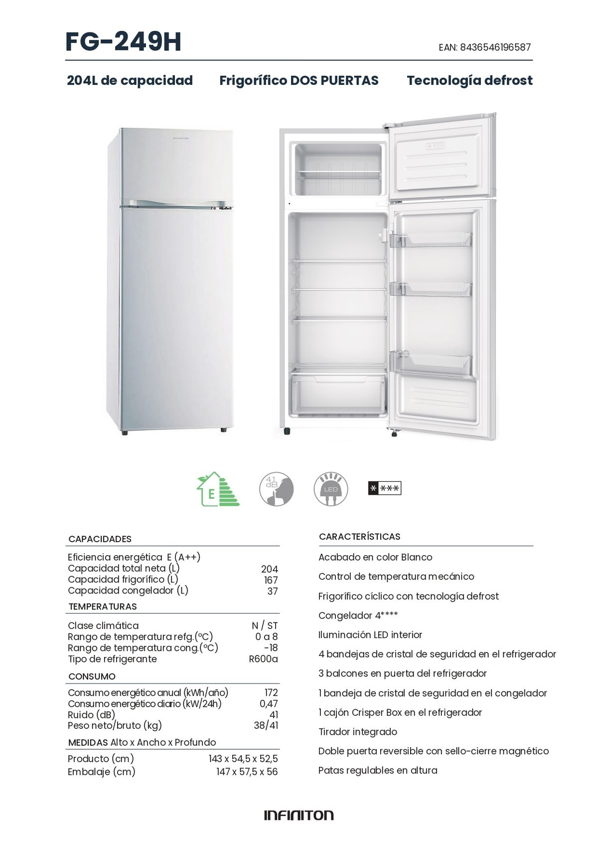Frigorífico de dos puertas con detalles técnicos. Incluye dimensiones, información energética y características.