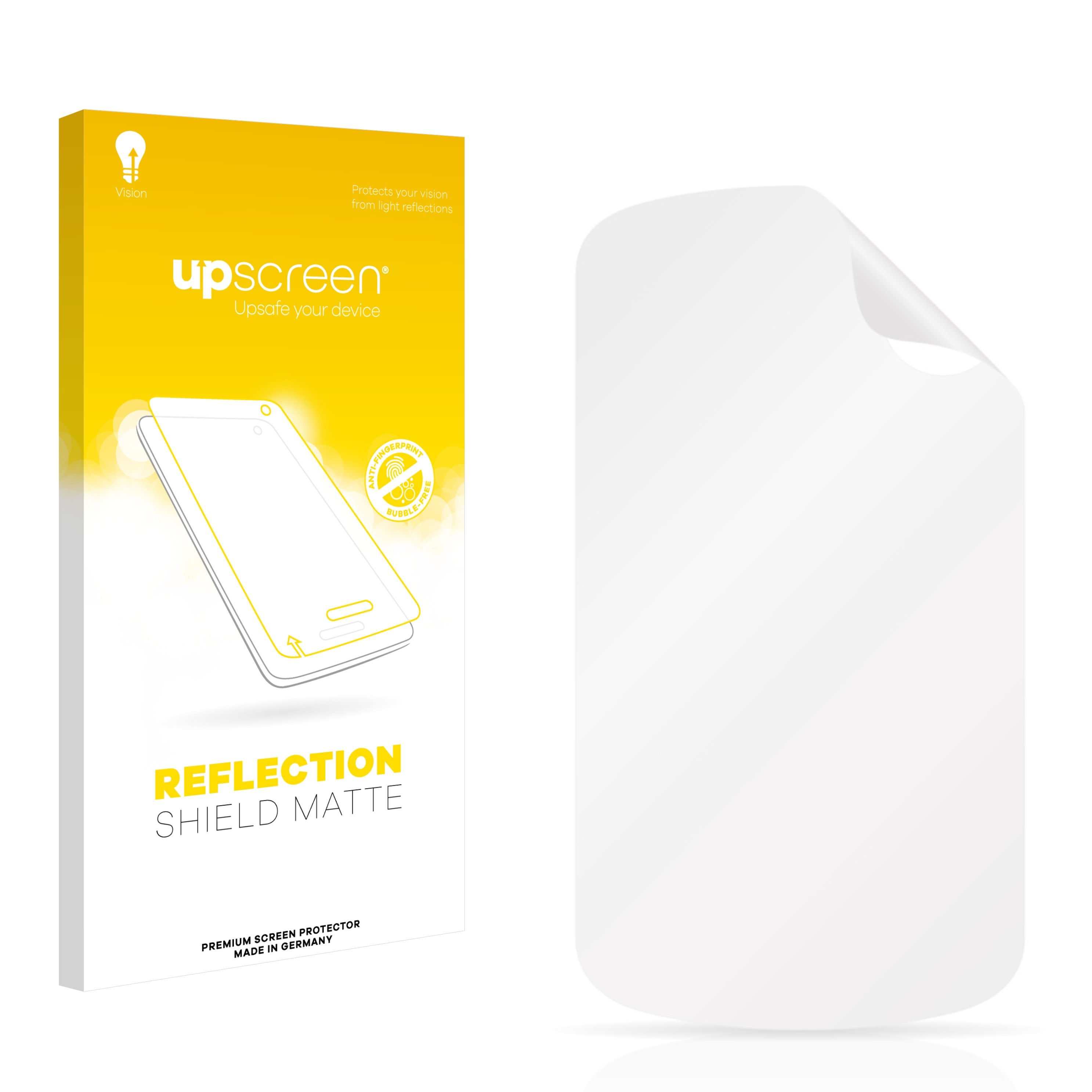 Gelbe Schachtel mit Telefonschutz. Weißer Schutz rechts. Text: 'Reflection Shield Matte'.