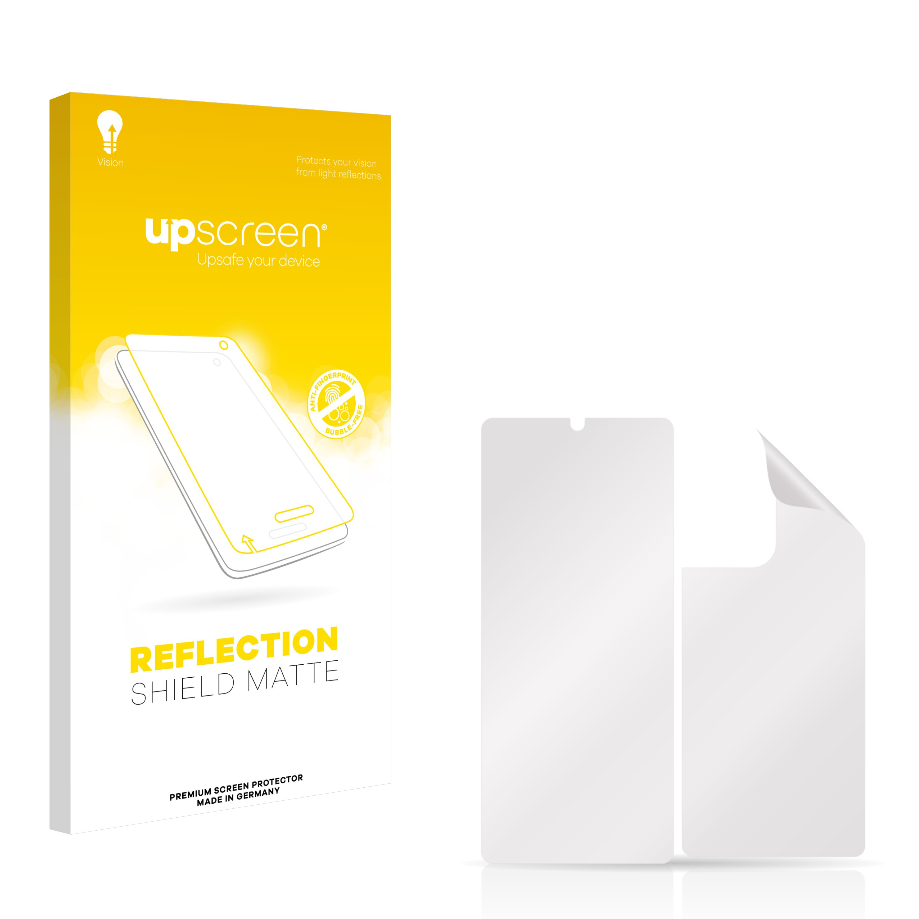 Eine gelbe Box und zwei Displayschutzfolien. Die Box zeigt eine Telefonumrisslinie und Text.