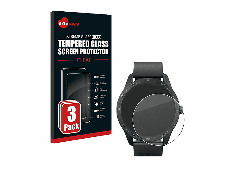 SAVVIES 3x 9H klares Schutzglas(für SilverCrest Fitness-Smartwatch) | Smartwatch Schutzfolien & Gläser