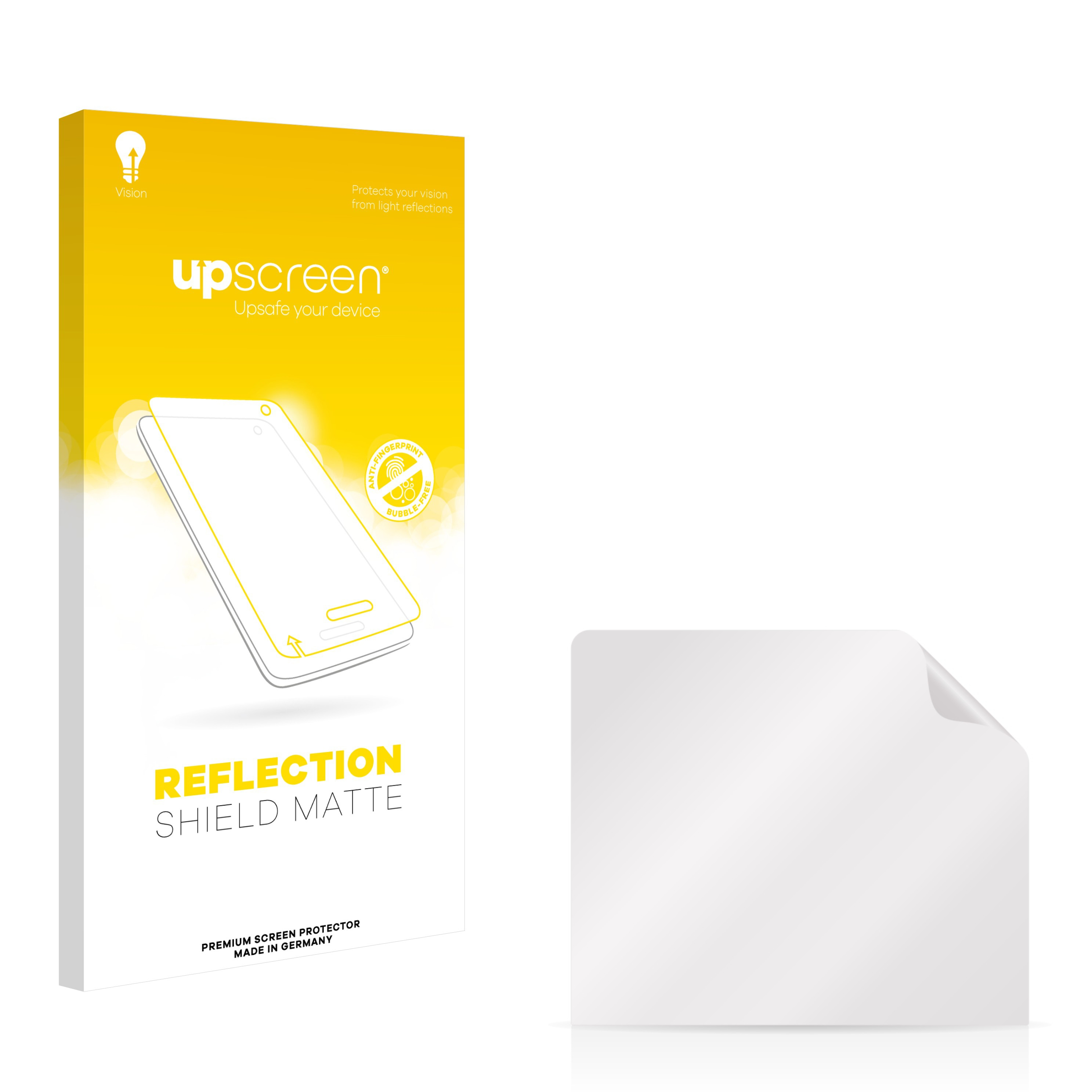 Eine Produktverpackung für einen Bildschirmschutz und der Bildschirmschutz selbst befinden sich auf weißer Oberfläche.
