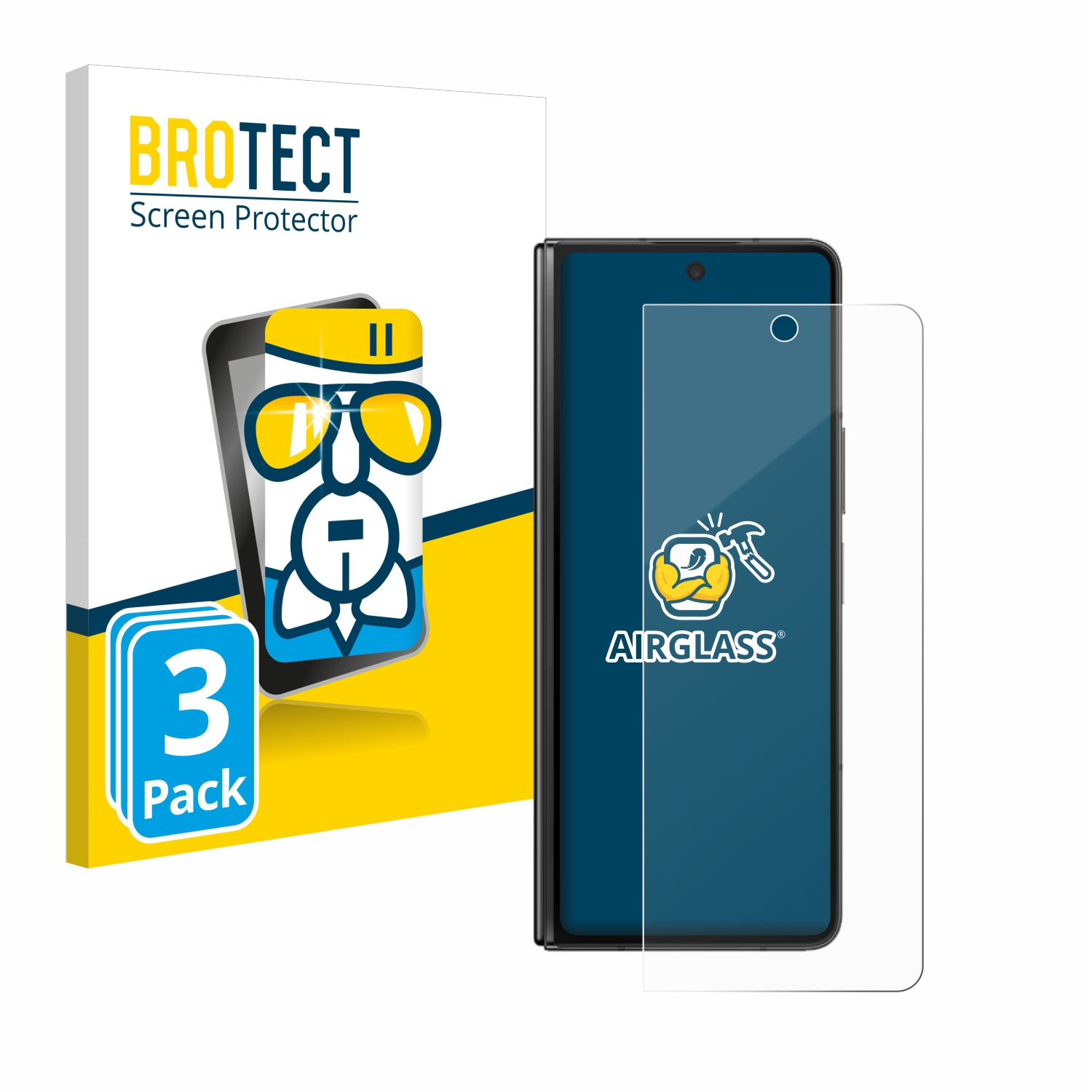Ein Displayschutz und seine Verpackung. Telefon in Verpackung. Weiße und gelbe Farben. Weiße Oberfläche.