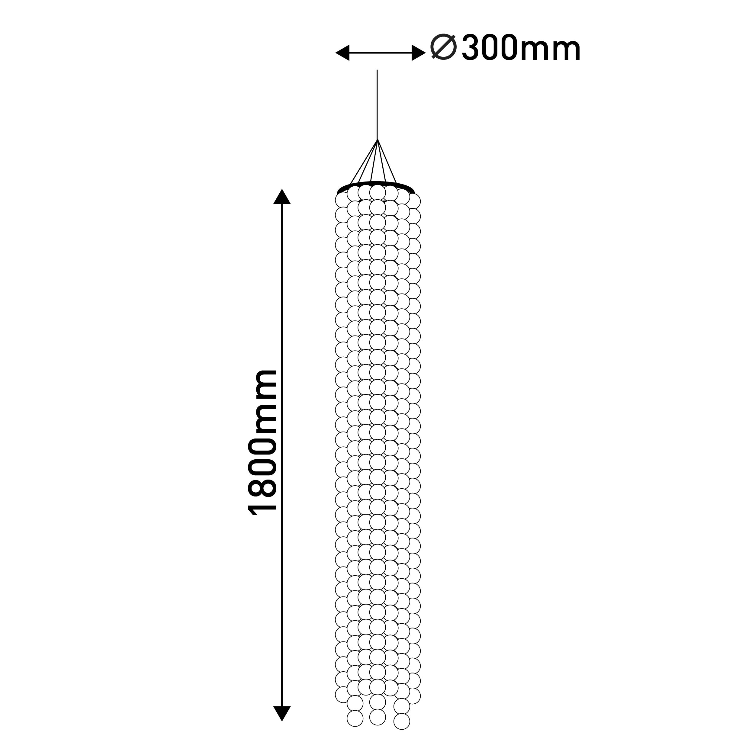 Eine Schnur aus weißen Lichtern, die vertikal hängen. Die Oberseite ist 300 mm breit und 1800 mm hoch.