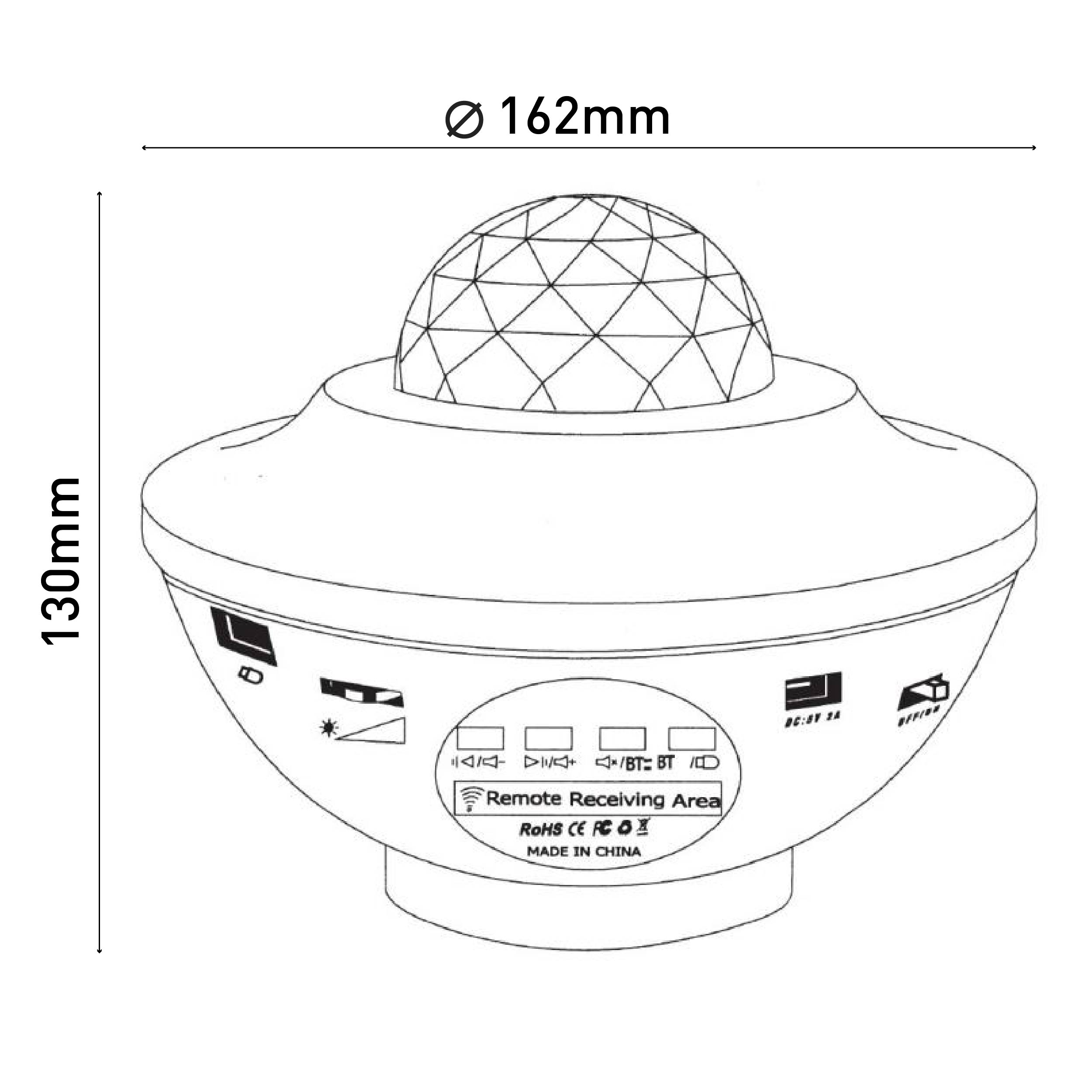 Eine weiß-schwarze UFO-förmige Lampe mit den Maßen 130 mm x 162 mm.