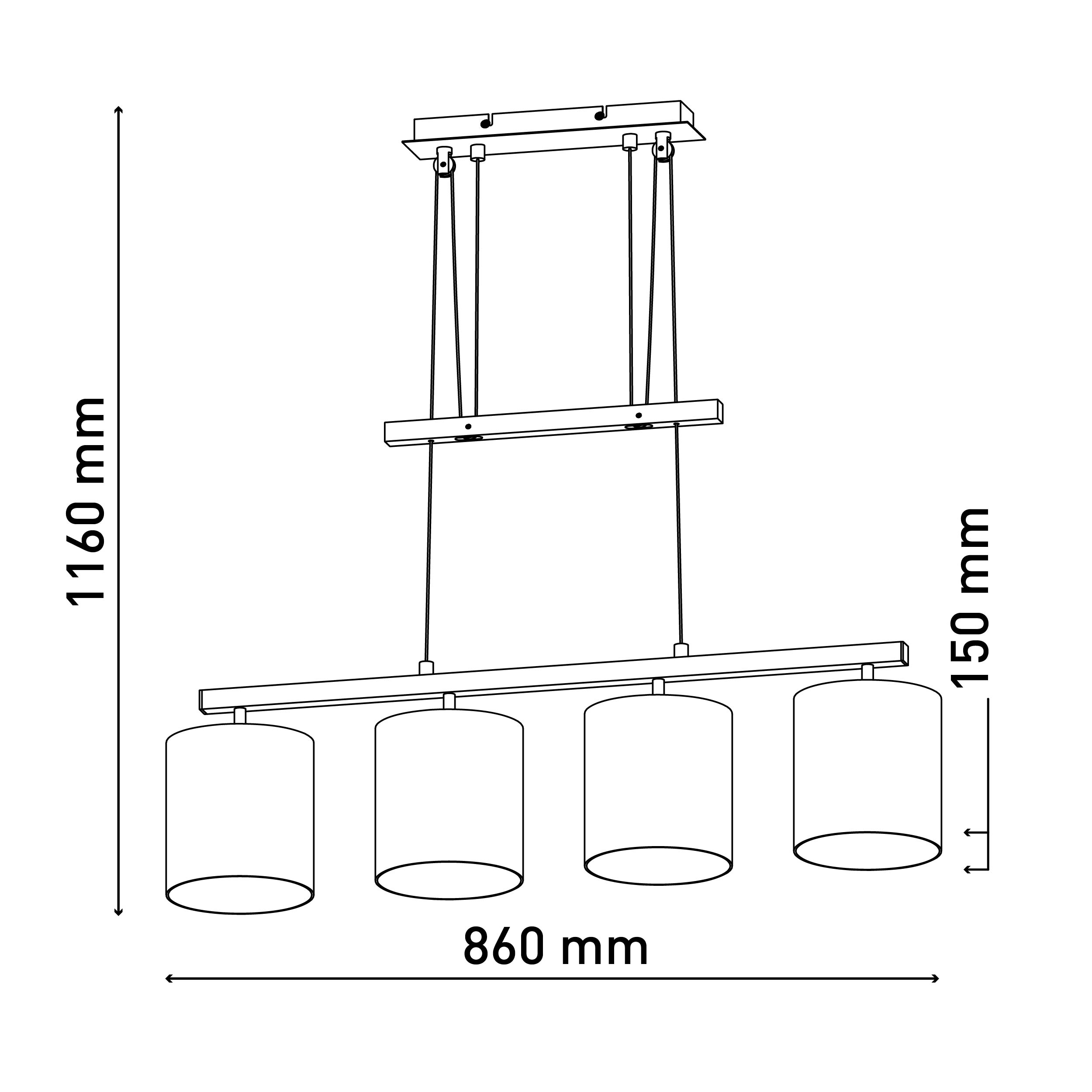 Umriss eines linearen Kronleuchters. Vier zylindrische Schirme, Maße: 860 mm breit, 1160 mm hoch, 150 mm Schirmhöhe.