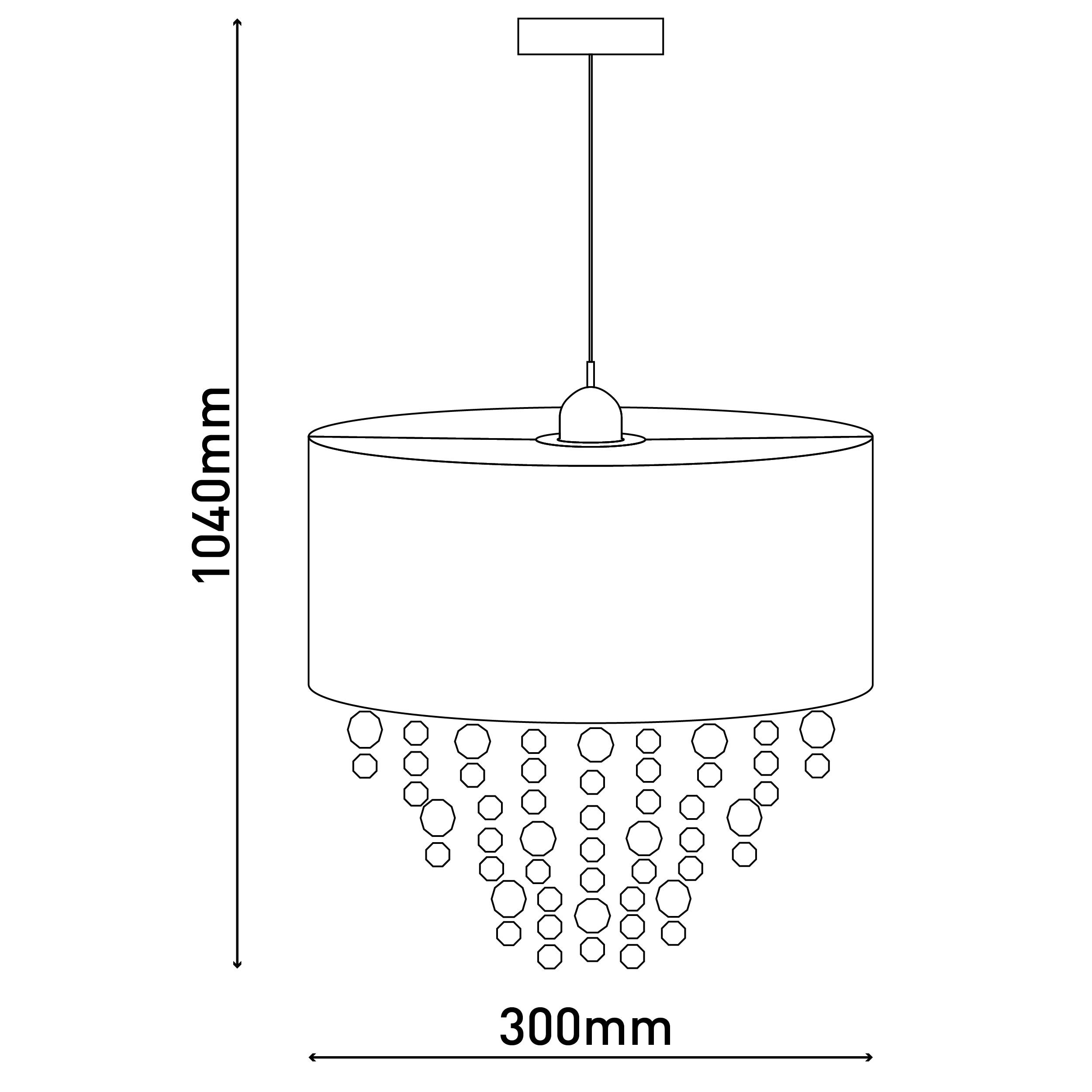 Strichzeichnung eines Kronleuchters mit Maßen: 1040 mm hoch, 300 mm breit.