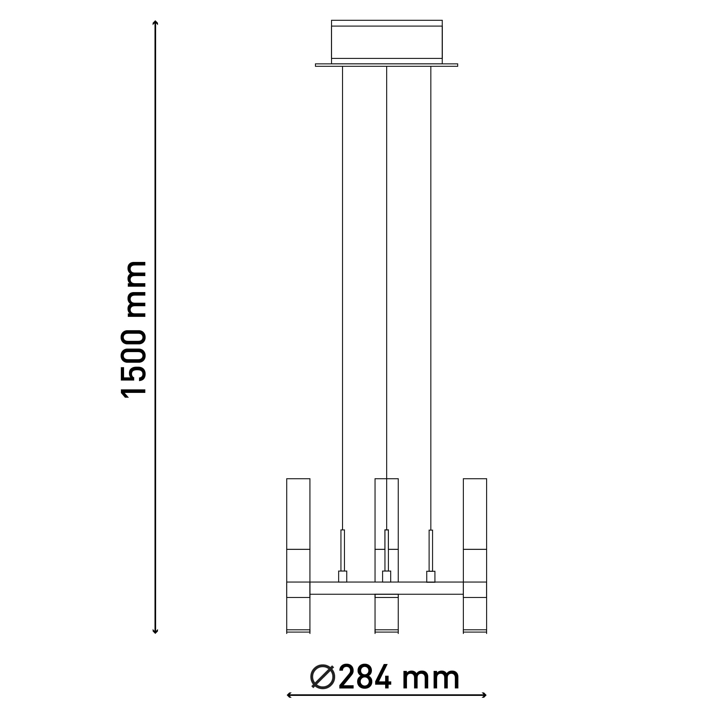 Ein Kronleuchter mit drei Lichtern. Der Kronleuchter ist schwarz und hat eine rechteckige Basis.