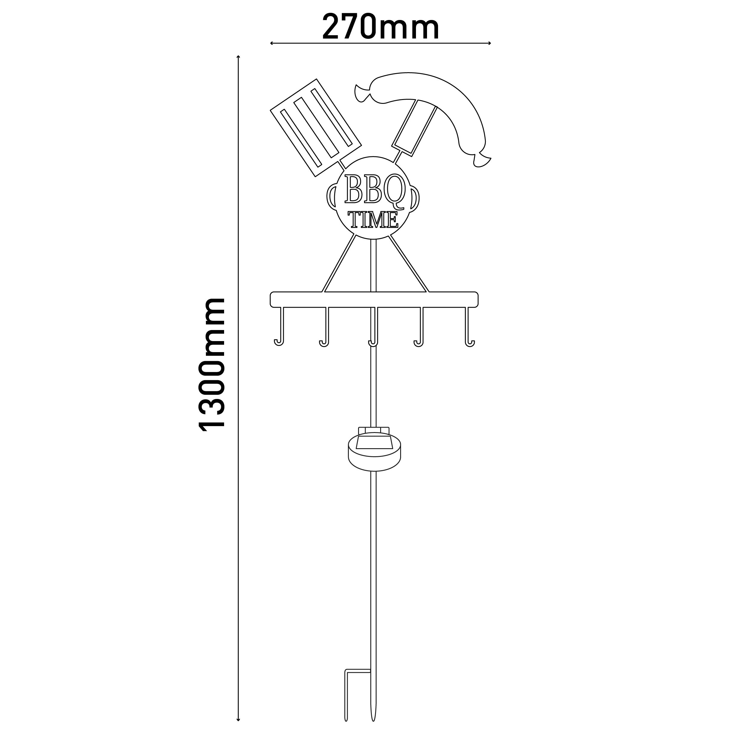 Strichzeichnung eines BBQ-Schildes mit Haken und Abmessungen, Höhe 1300 mm, Breite 270 mm.