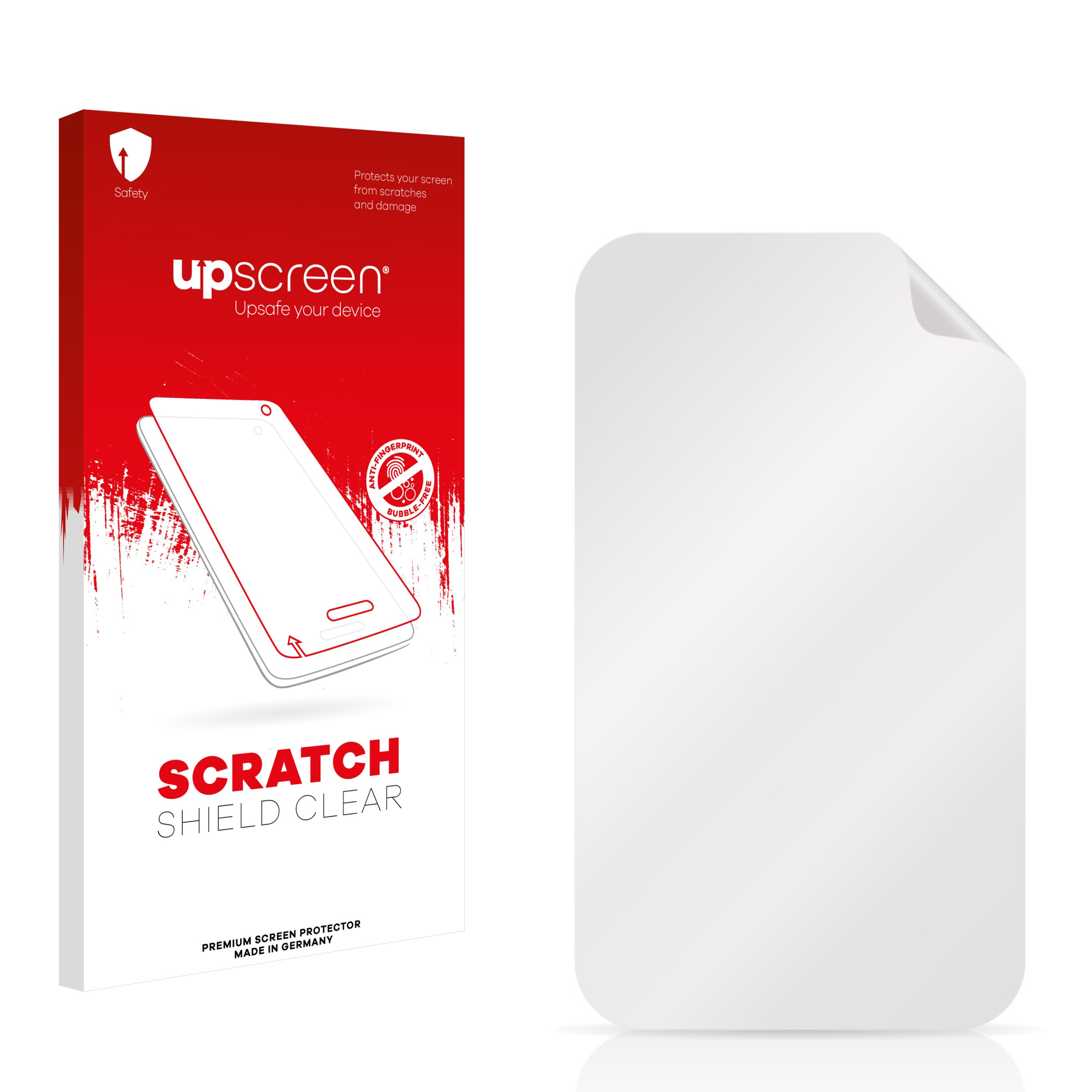 Ein Displayschutz in einer Schachtel und der Schutz selbst. Es ist mit 'Scratch Shield Clear' beschriftet.
