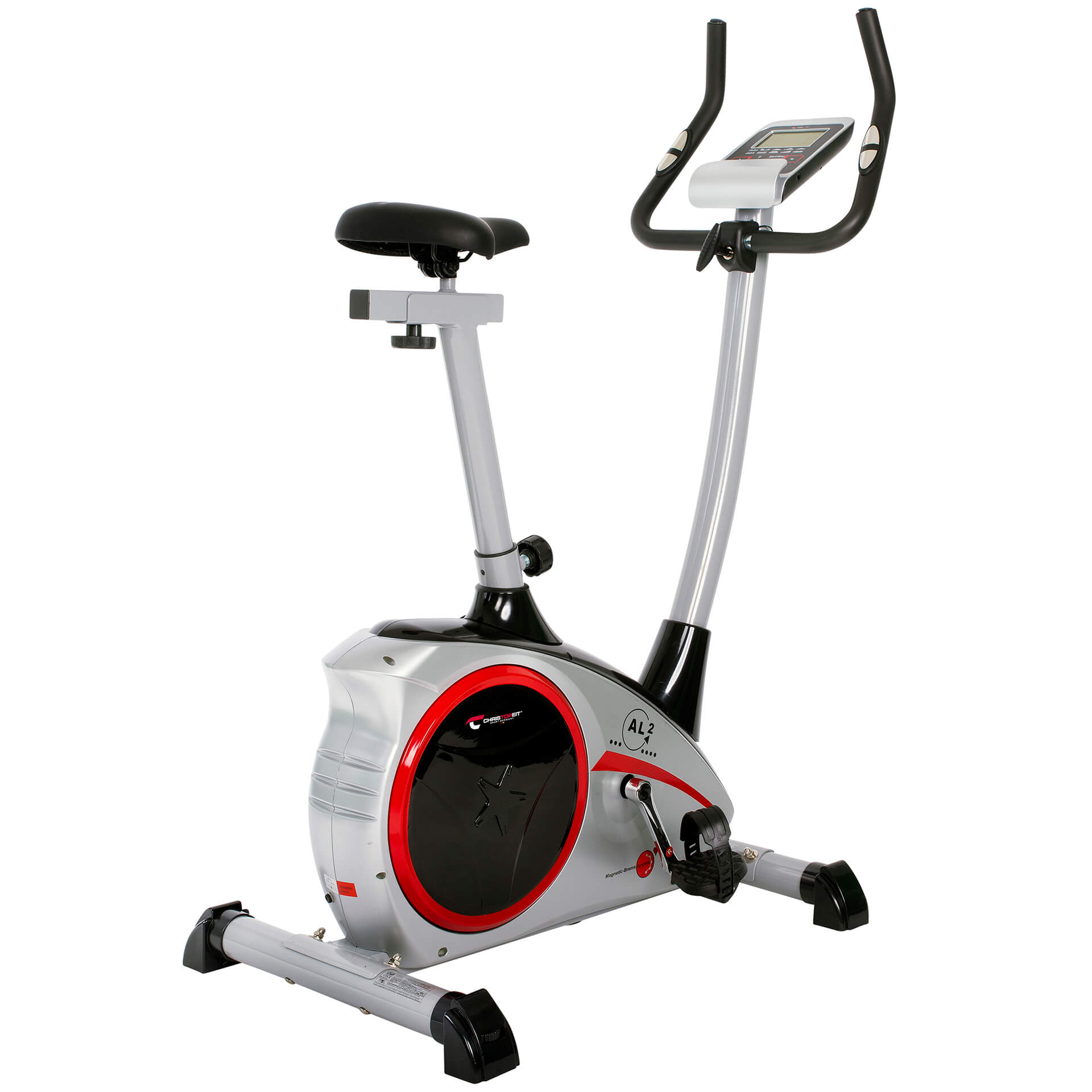 Stationäres Trainingsfahrrad, grau, rot und schwarz. Mit Display, Sitz und Griffen.