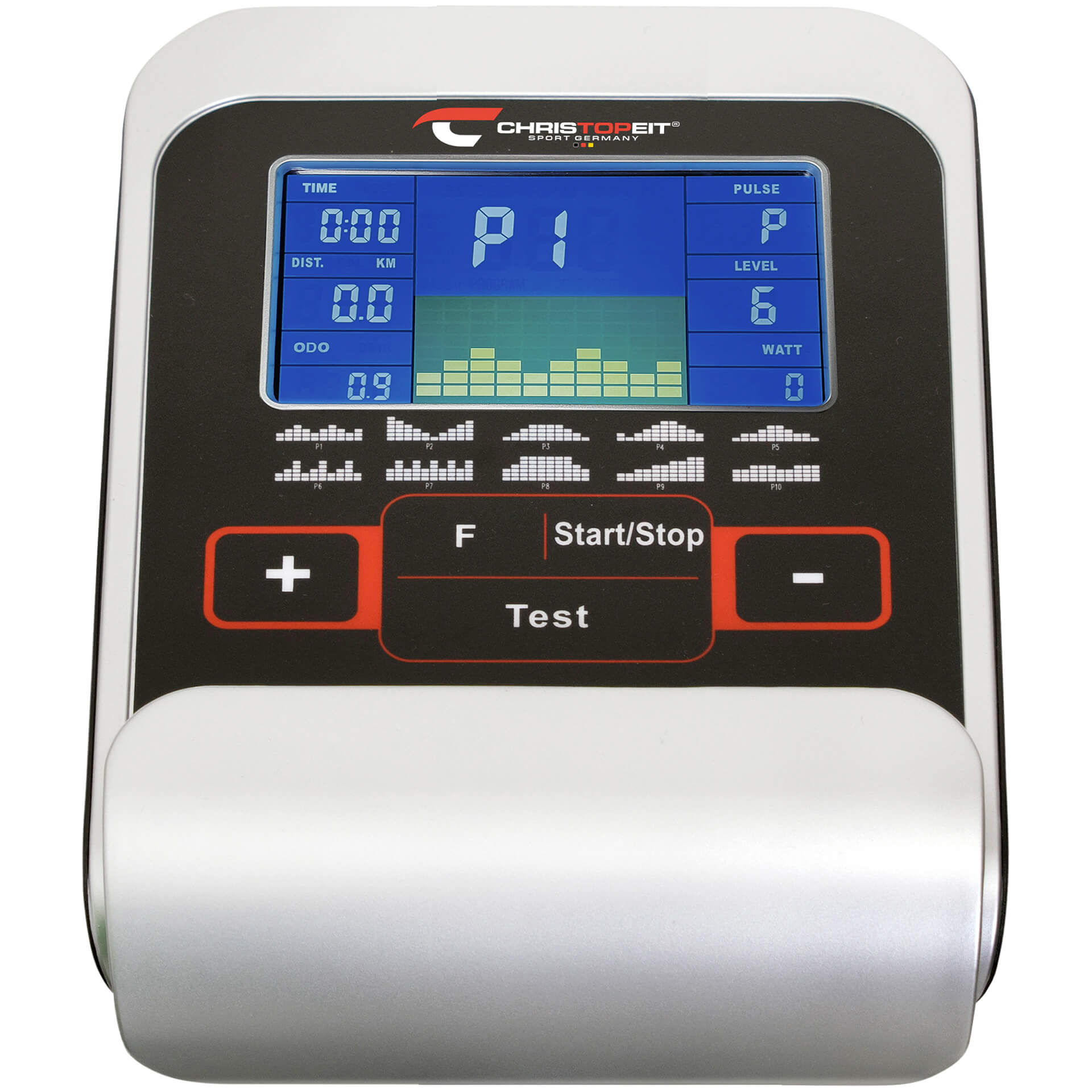 Anzeige der Trainingsmaschine mit Zeit, Distanz und anderen Trainingsdaten, darunter Knöpfe.
