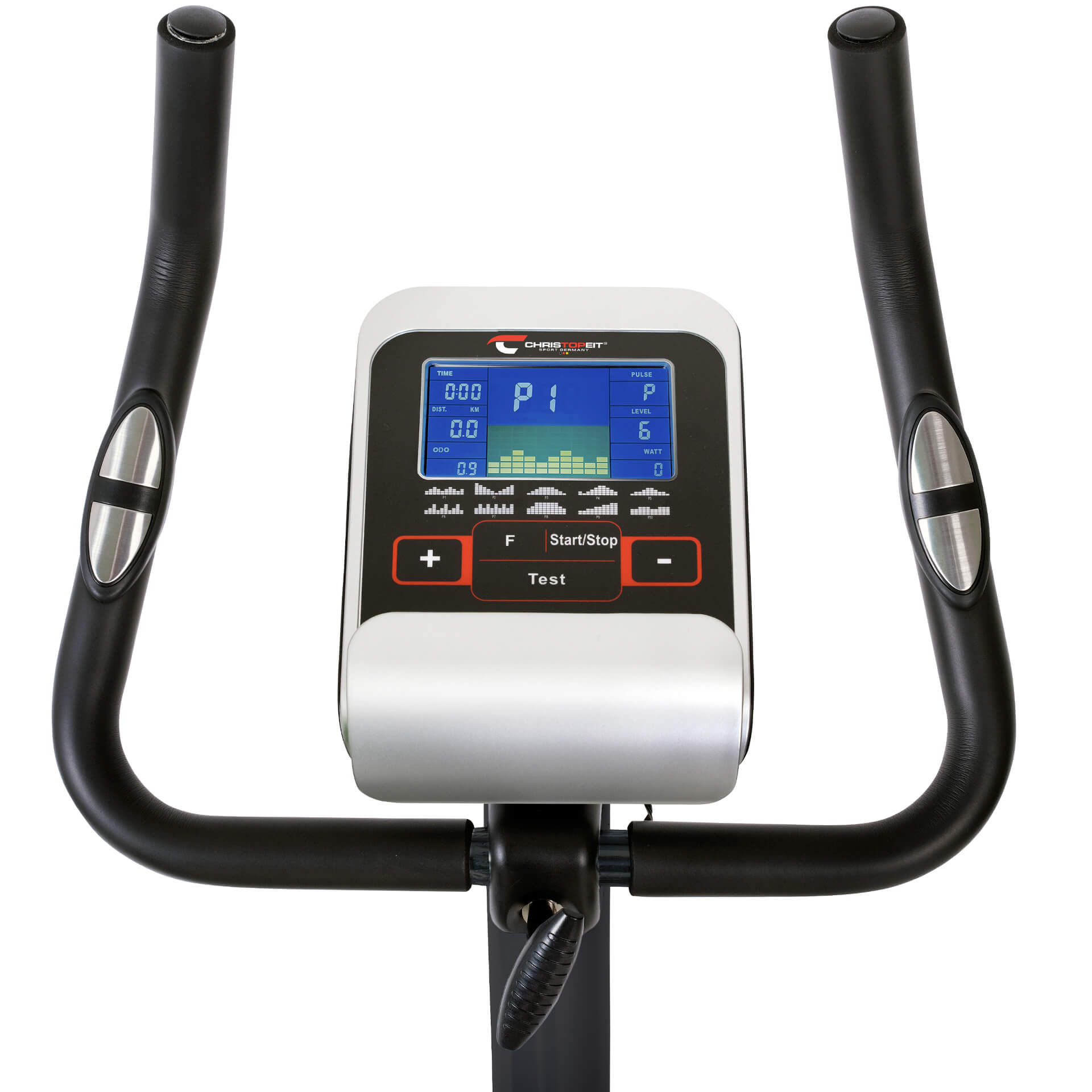 Ergometer-Konsole mit Bildschirm, der Metriken anzeigt. Schwarze Griffe und Gehäuse mit weißen und silbernen Akzenten.
