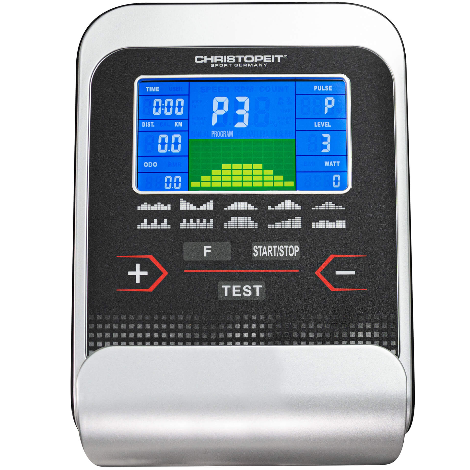 Ein Fitness-Tracker-Bildschirm, der Zeit-, Distanz- und Programminformationen mit Tasten anzeigt.