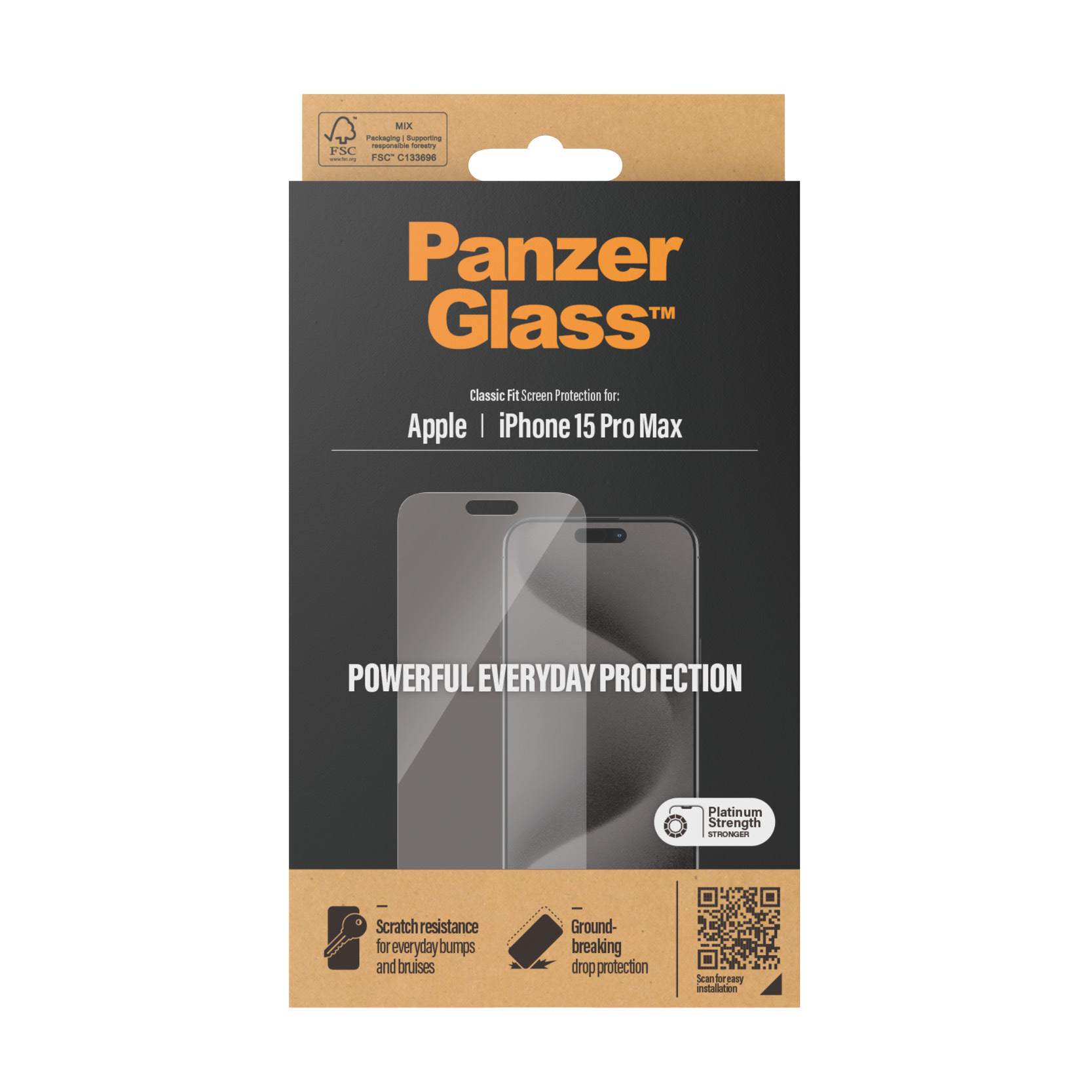 Scatola del proteggi schermo Panzer Glass per Apple iPhone 15 Pro Max. Mostra il prodotto e il telefono.