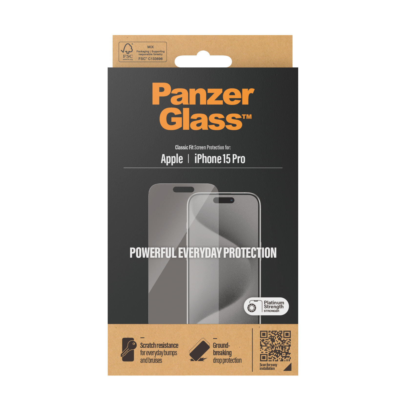 Box with screen protector for iPhone 15 Pro. Text: PanzerGlass, Powerful Everyday Protection.