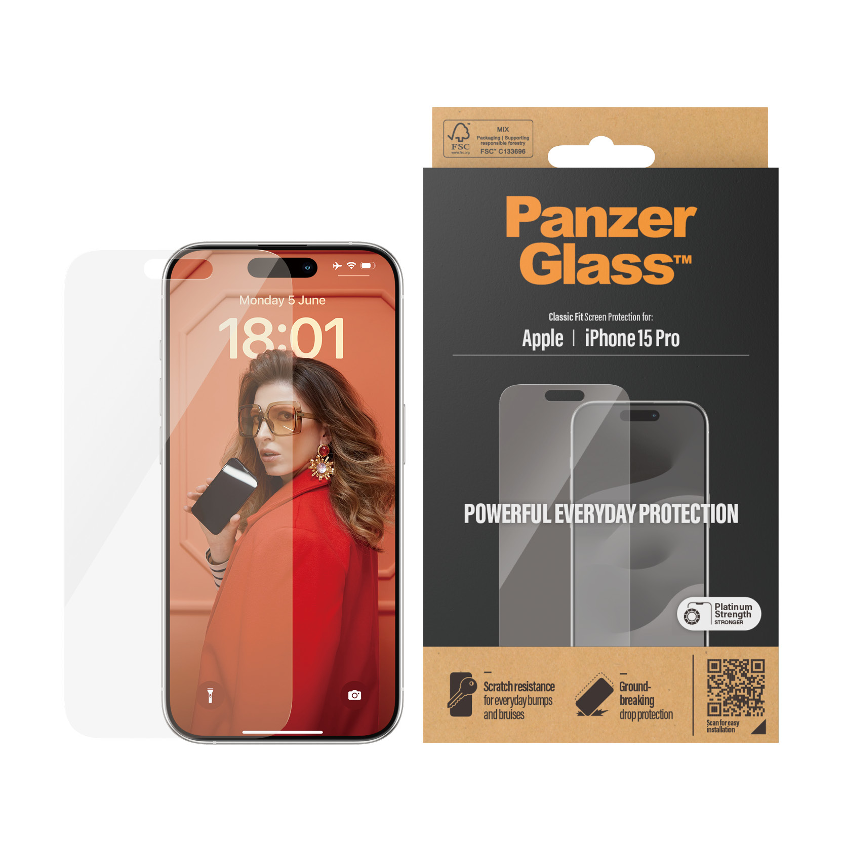 Apple iPhone 15 Pro and Panzer Glass. A person holds the phone with the screen protector applied.