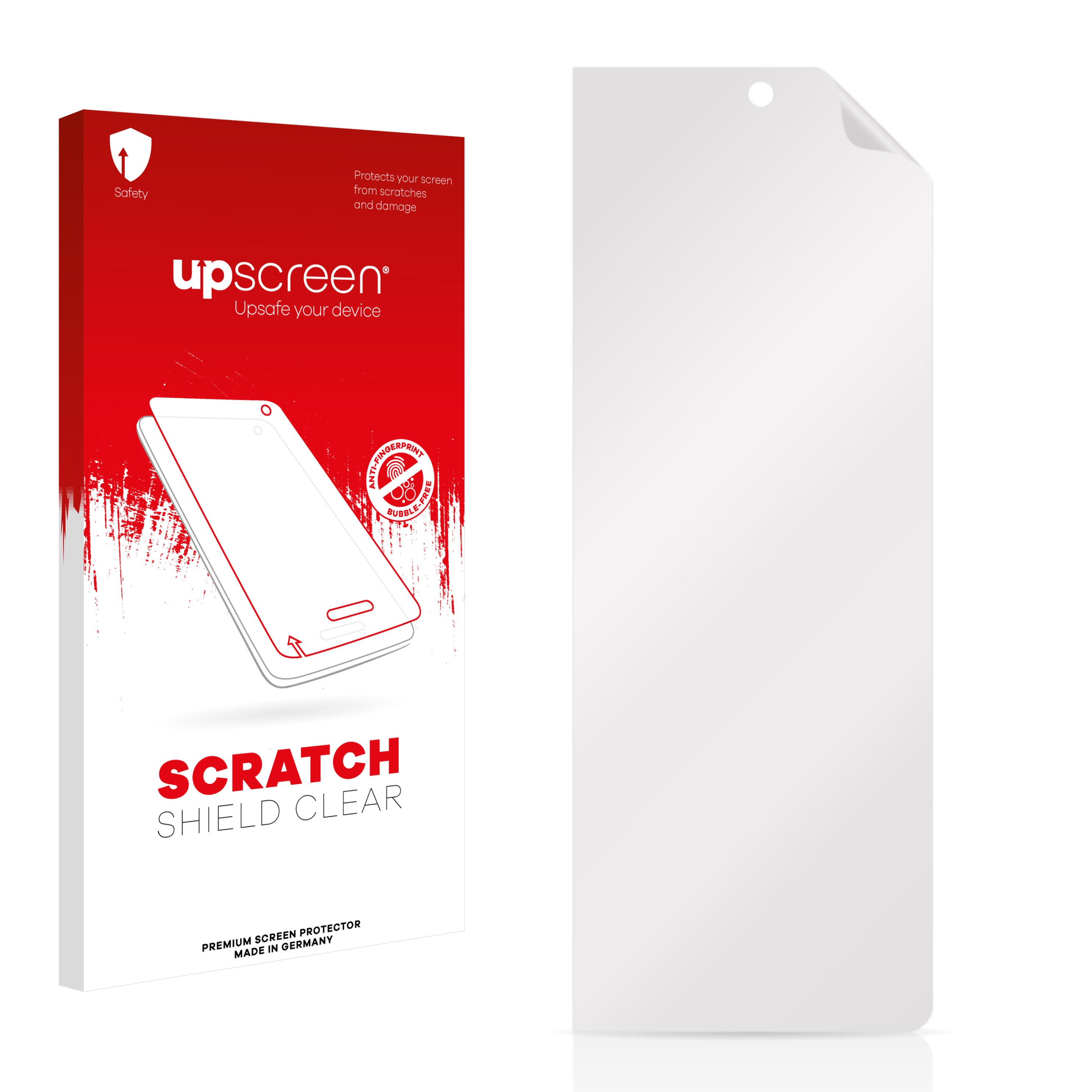 Schachtel mit Smartphone-Displayschutzfolie und der Schutzfolie selbst. Weißer Hintergrund.