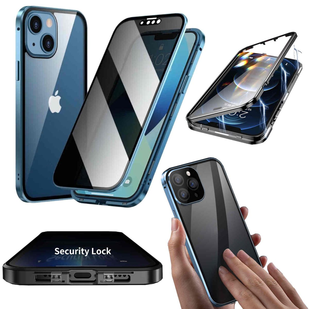 / Apple, Magnet 360 Blau Transparent Cover, Glas WIGENTO Hülle, Privacy Mirror Grad iPhone 15 / Pro, Beidseitiger Full