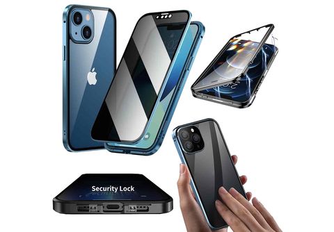 WIGENTO Beidseitiger 360 Grad Magnet / Glas Privacy Mirror Hülle, Full Cover,  Apple, iPhone 15 Pro, Blau / Transparent