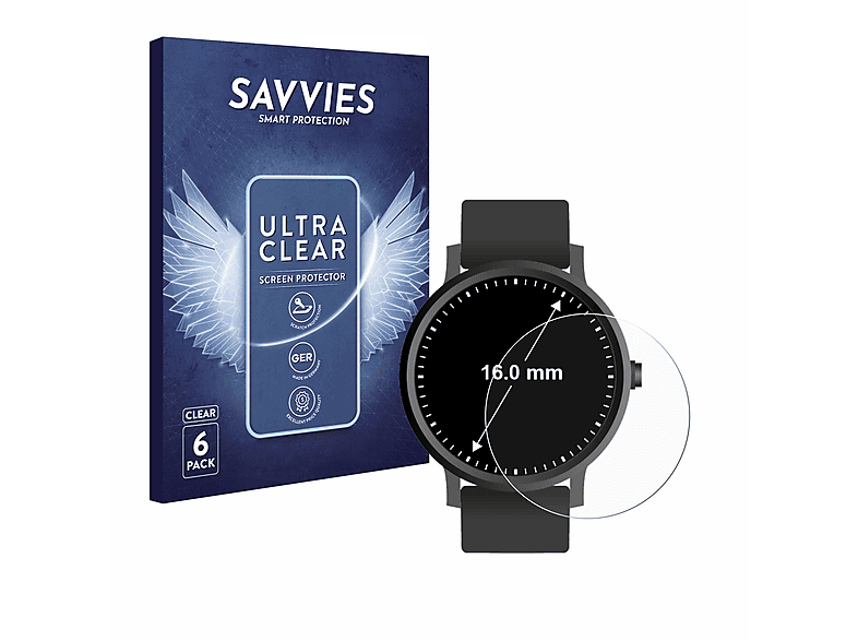 SAVVIES 6x klare Schutzfolie(für Universal Armbanduhren (Kreisrund, ø: 16 mm))