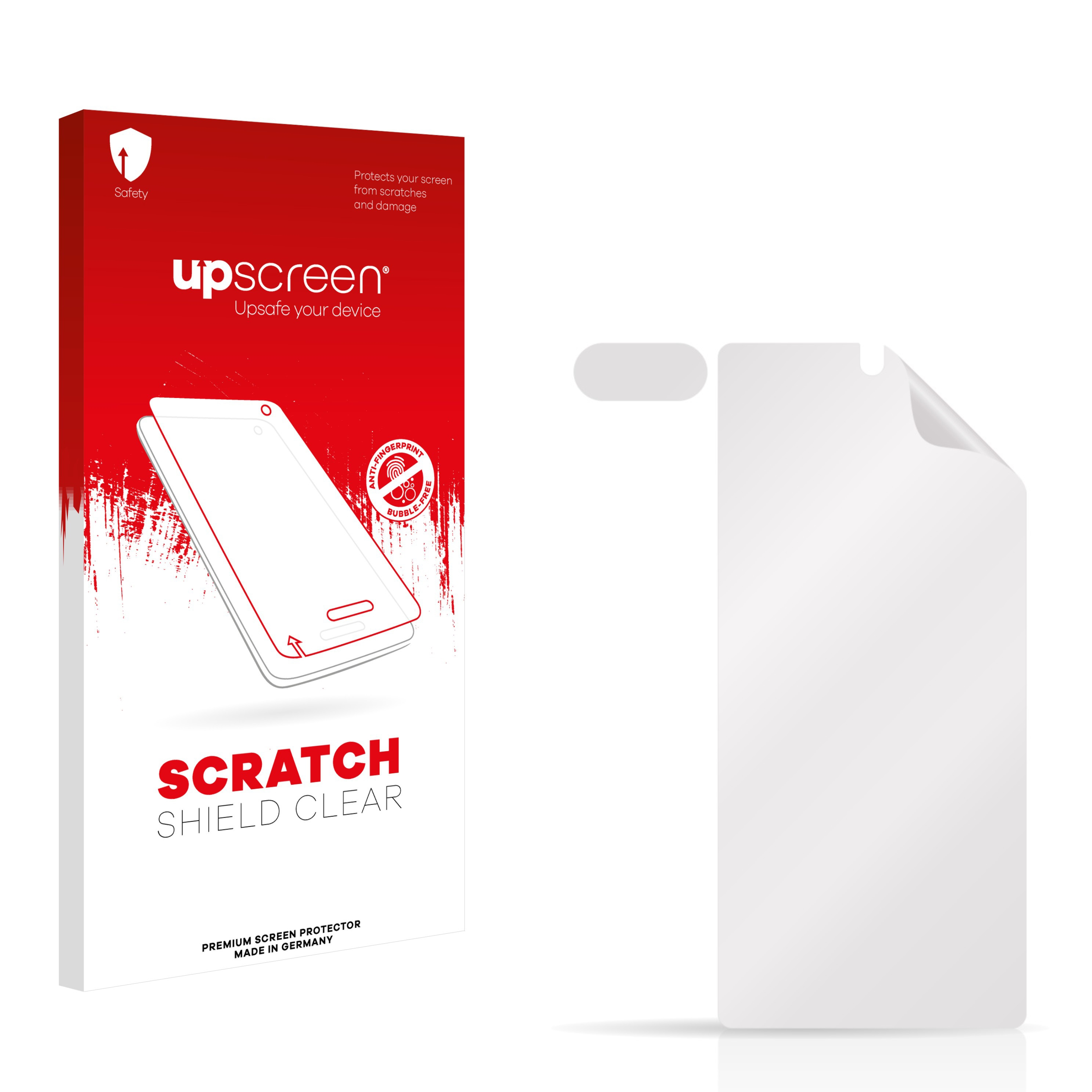 Ein weißer Displayschutz und eine Box mit 'upscreen' und 'Scratch Shield Clear', weißes Design.