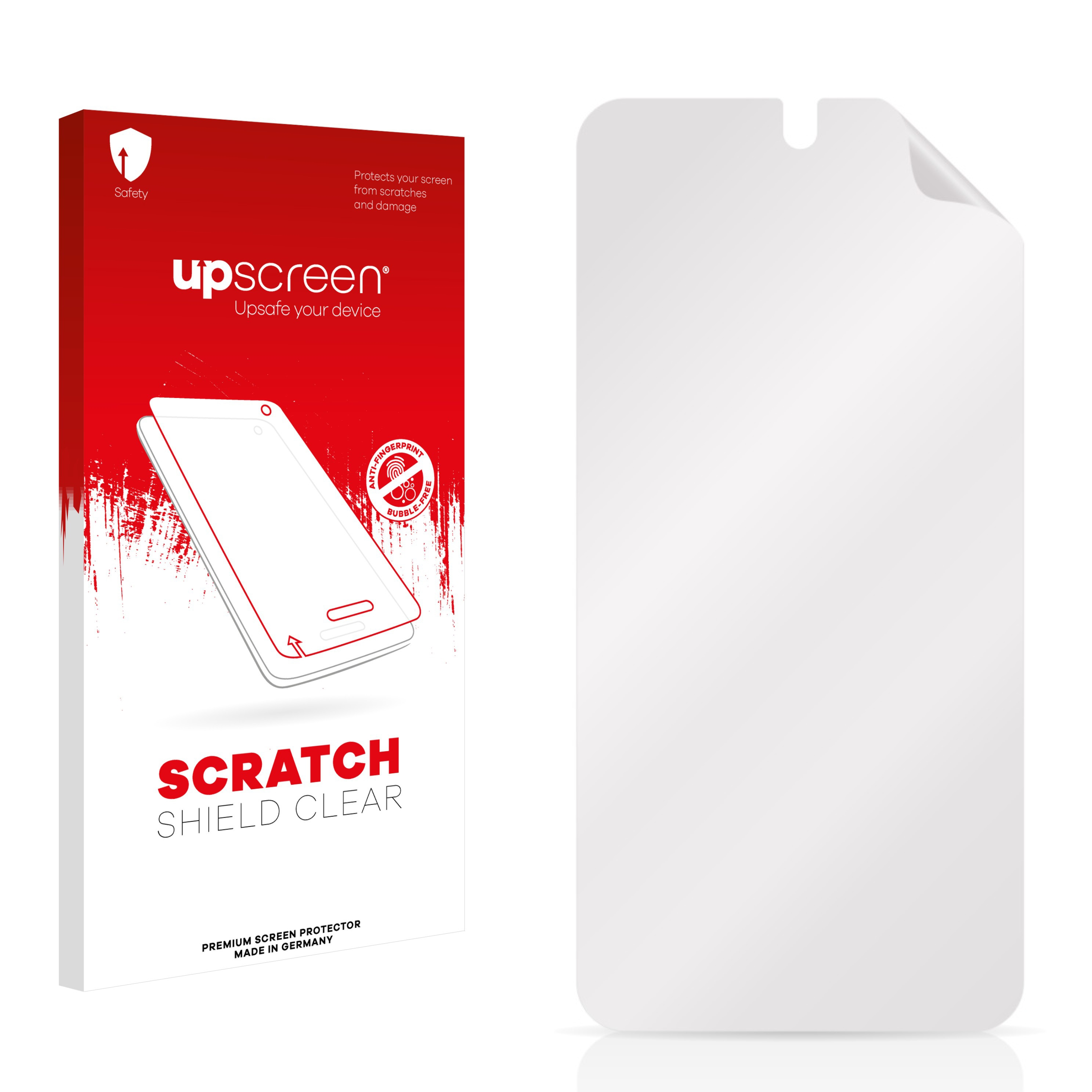 Box mit Telefonbild und Displayschutzfolie. Text: Scratch Shield Clear. UpScreen Logo.