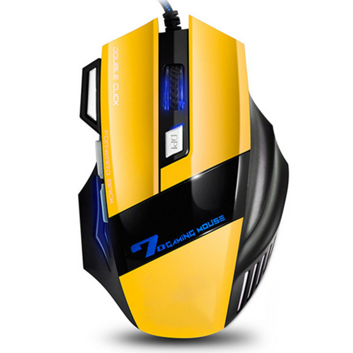Eine gelb-schwarze Gaming-Maus mit verschiedenen Tasten und einem blauen Licht.