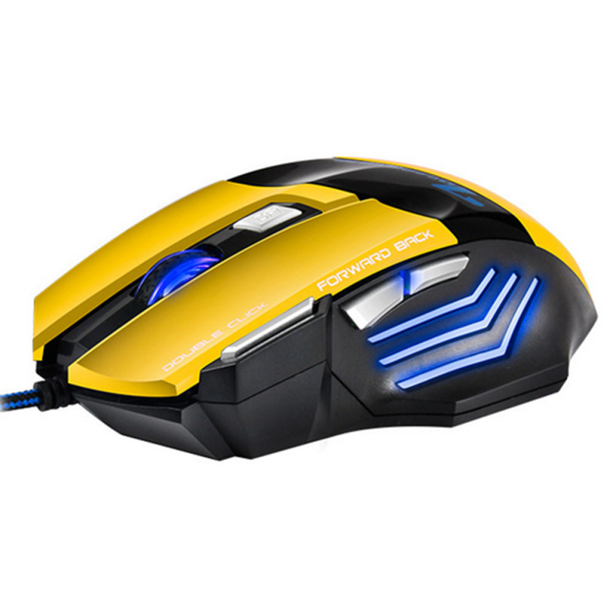 Gelb-schwarze Gaming-Maus mit blauen Lichtern, Doppelklick-Taste, Vorwärts- und Rückwärts-Tasten.