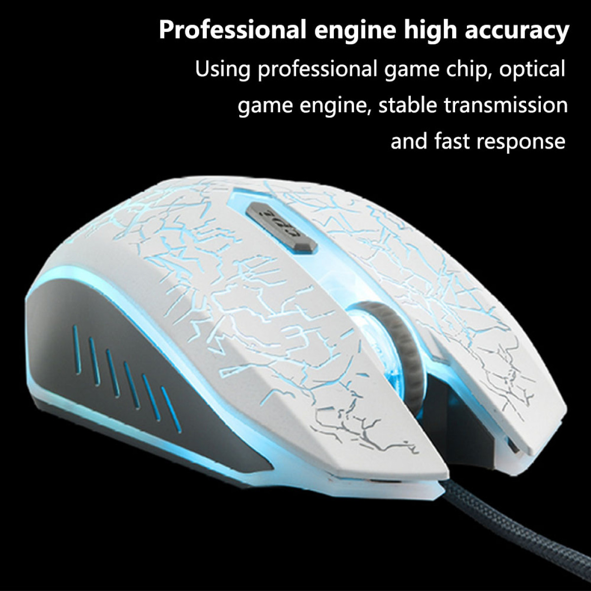Gaming-Maus: weiß mit blauen Akzenten, Kabel angeschlossen. Text beschreibt professionellen Motor und schnelle Reaktion.