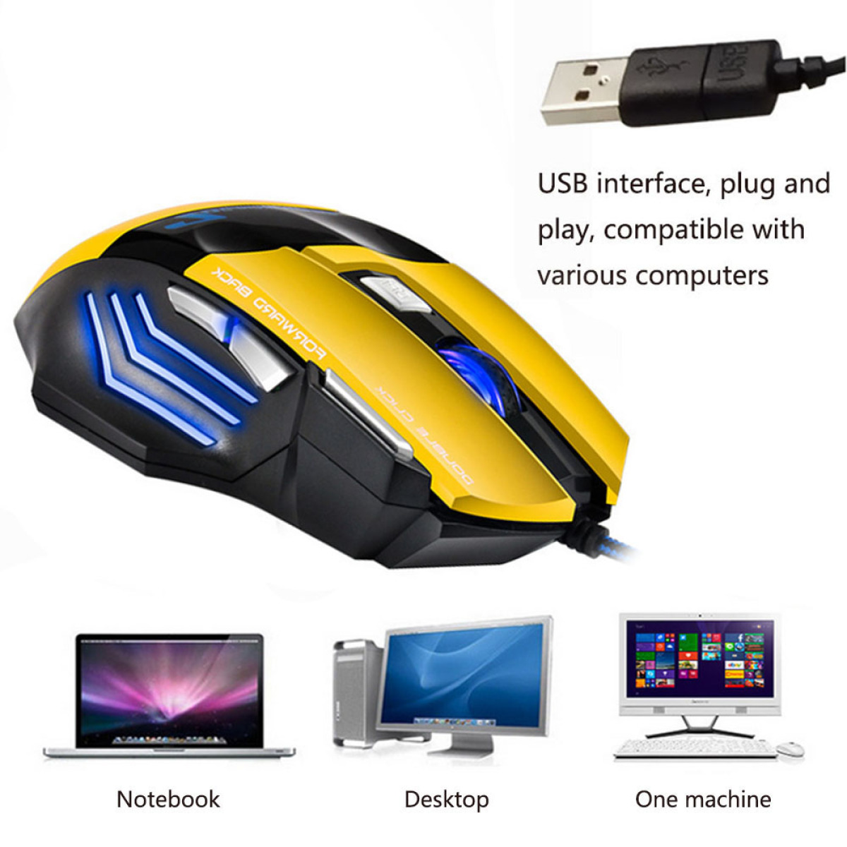 Gelbe und schwarze Gaming-Maus mit USB-Kabel, kompatibel mit verschiedenen Computern.