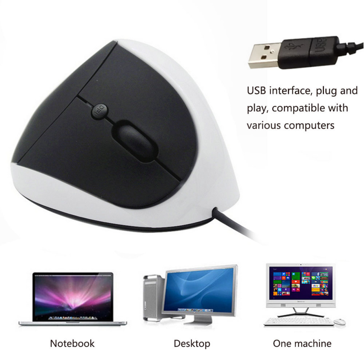 Ergonomische schwarz-weiße Maus mit USB-Anschluss und Laptop-Beispielen.
