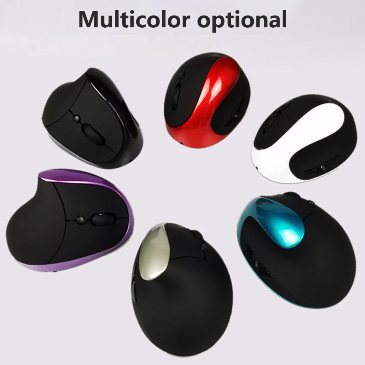 Sechs ergonomische Computermäuse in einem Kreis. Jede Maus hat eine andere Farbe: schwarz, rot, lila, weiß, blau und schwarz.
