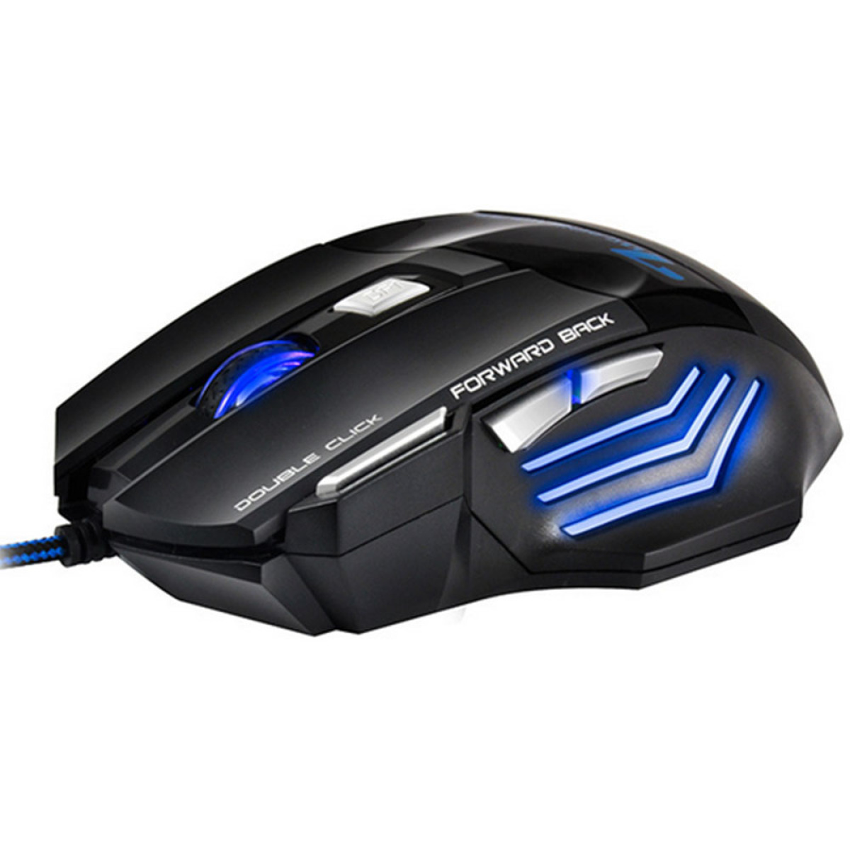 Schwarze Gaming-Maus mit blauen Lichtern. Es hat Tasten mit der Aufschrift vorwärts, zurück und Doppelklick.