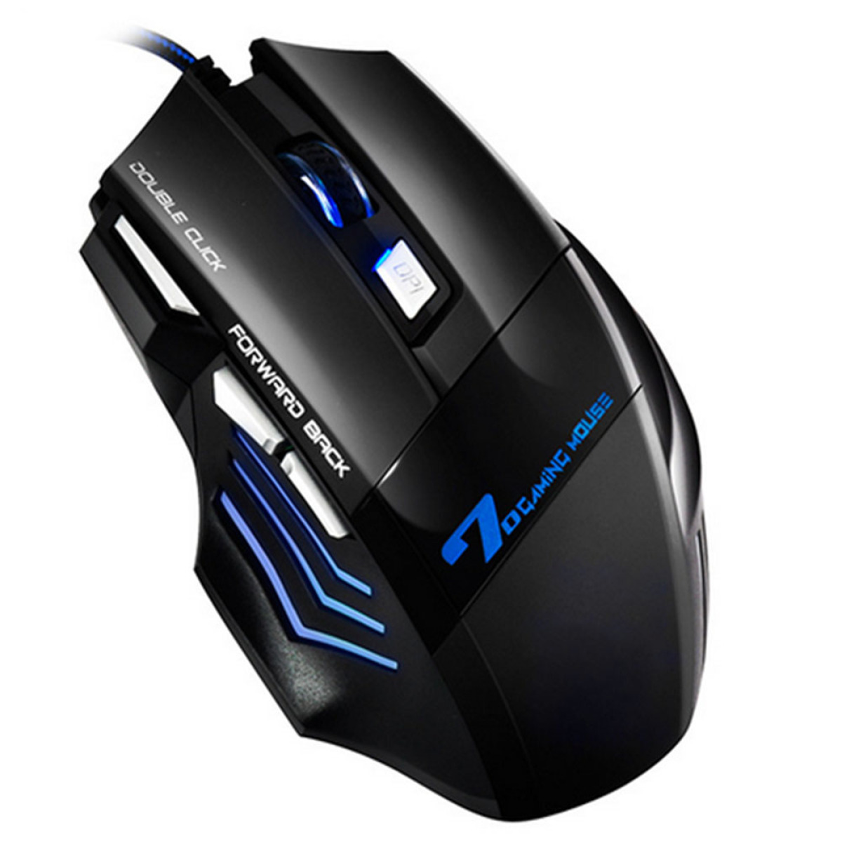 Schwarze Gaming-Maus mit blauen Lichtern, Tasten und Kabel. Auf weißem Hintergrund.