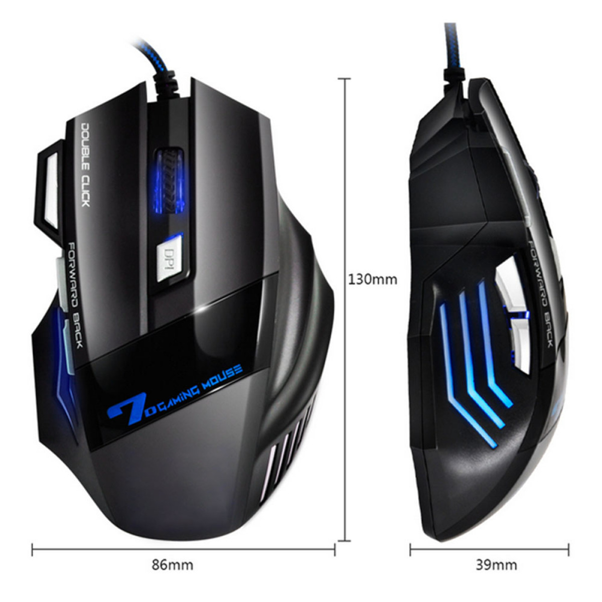 Gaming-Maus mit schwarzen und blauen Akzenten. Zeigt Vorwärts-/Rücktasten und DPI-Taste.