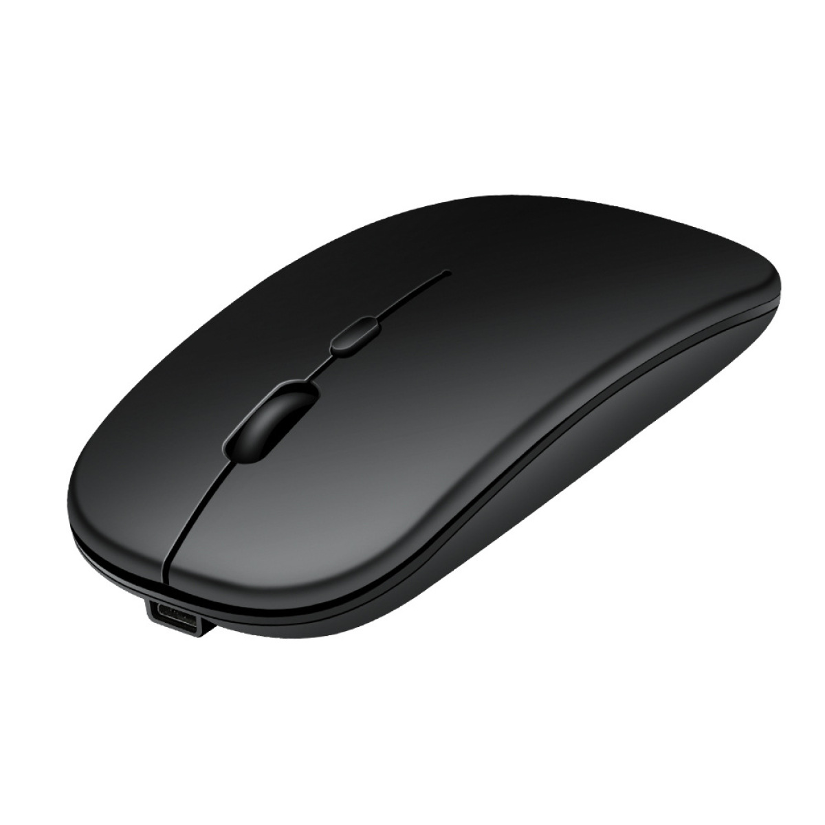 Schwarze drahtlose Maus. Es hat zwei Tasten und ein Scrollrad. Es ist auf weißem Hintergrund.