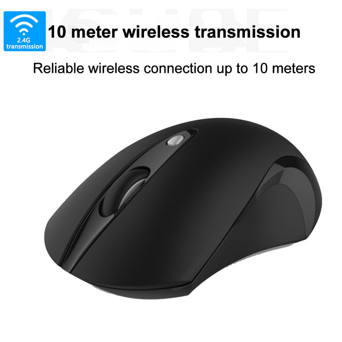 Eine schwarze kabellose Maus mit einer Taste und einem Scrollrad. Text steht über der Maus.