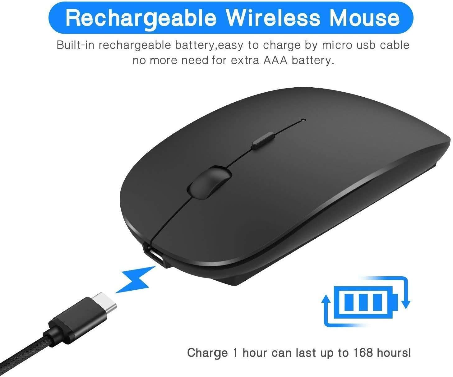 Schwarze drahtlose Maus, die mit einem Ladekabel verbunden ist. Es gibt auch Symbole für einen Akku und einen Pfeil.