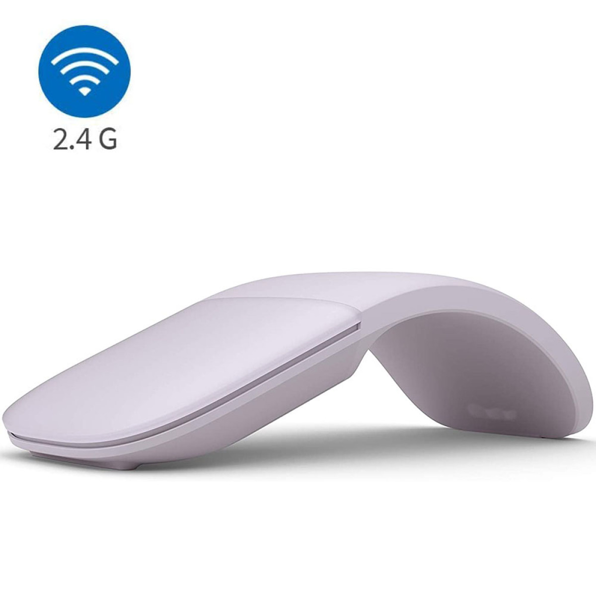 Weiße kabellose Maus mit geschwungenem Design und 2.4G-Symbol.