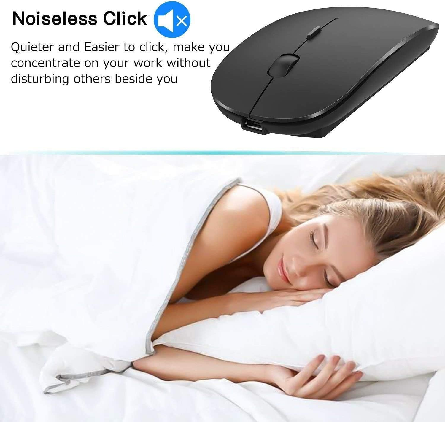 Eine schwarze kabellose Maus und eine Frau, die in einem Bett mit weißen Laken und einem Kissen schläft.
