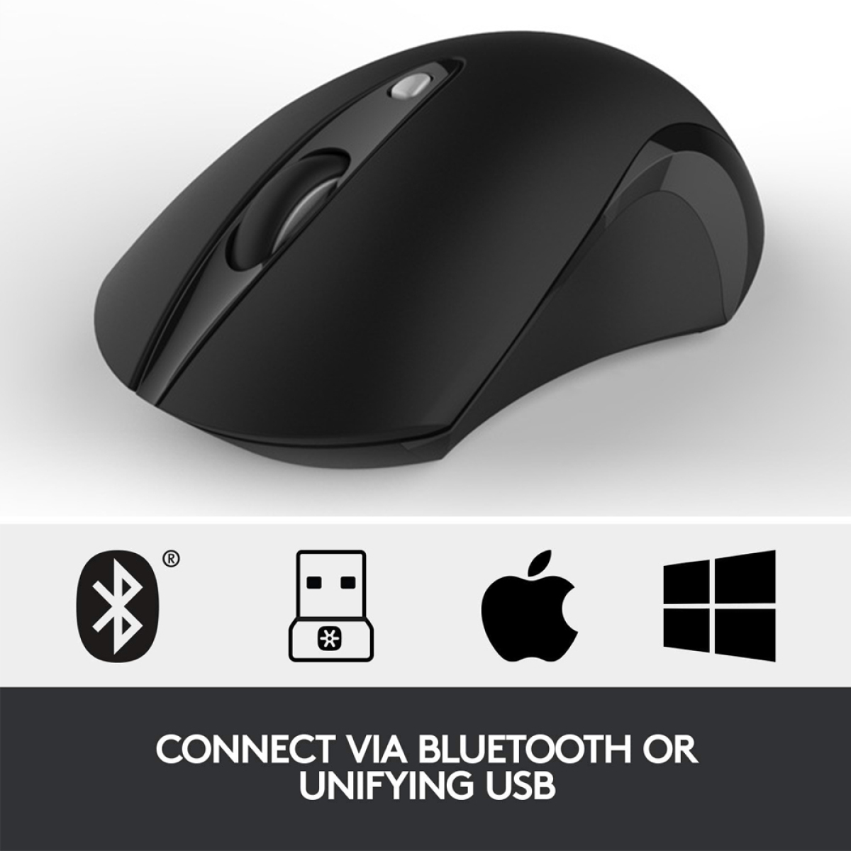 Schwarze Computermaus mit Bluetooth- und USB-Symbolen.