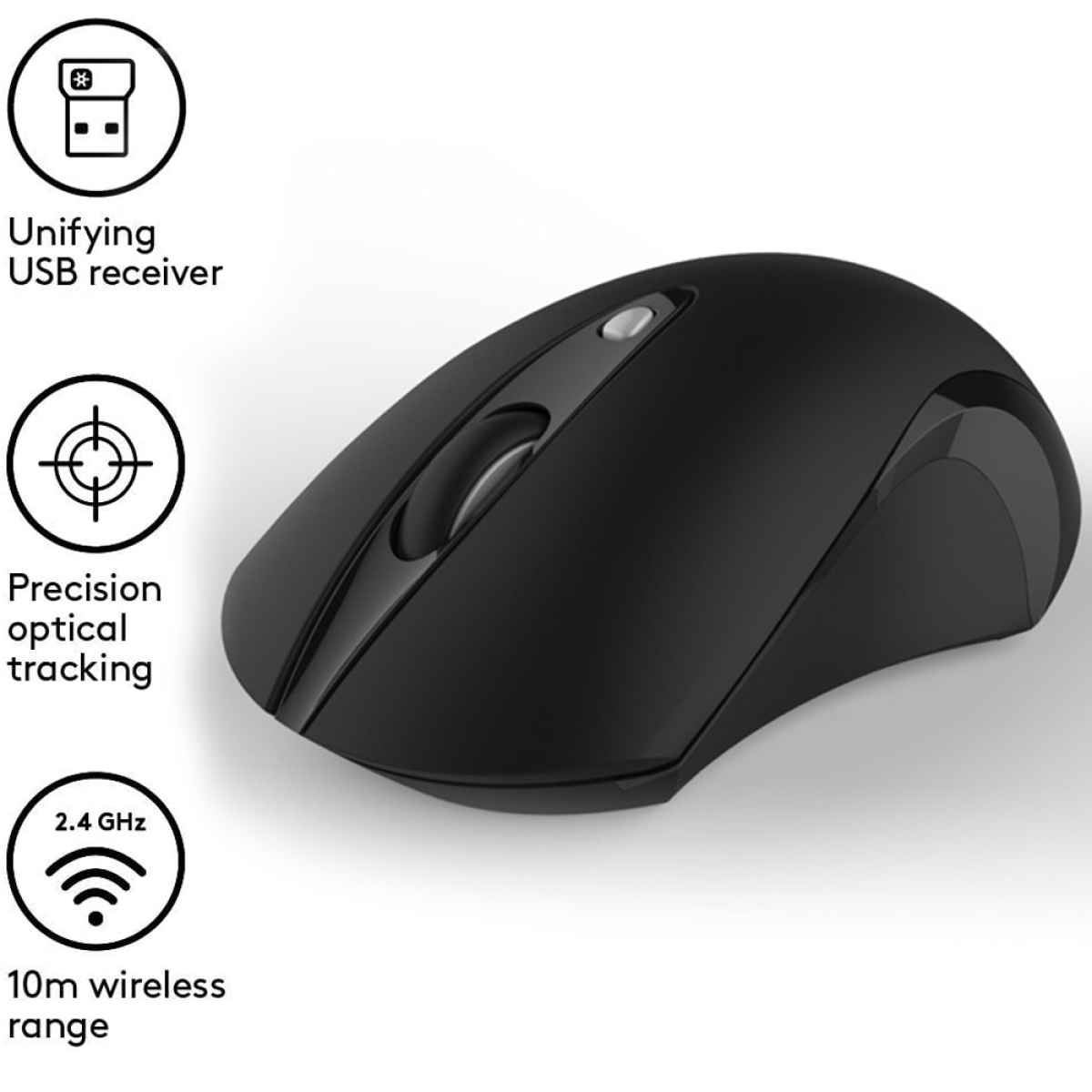 Schwarze Computermaus mit 3 Symbolen. Unifying USB-Empfänger, präzise optische Verfolgung und 2,4 GHz.